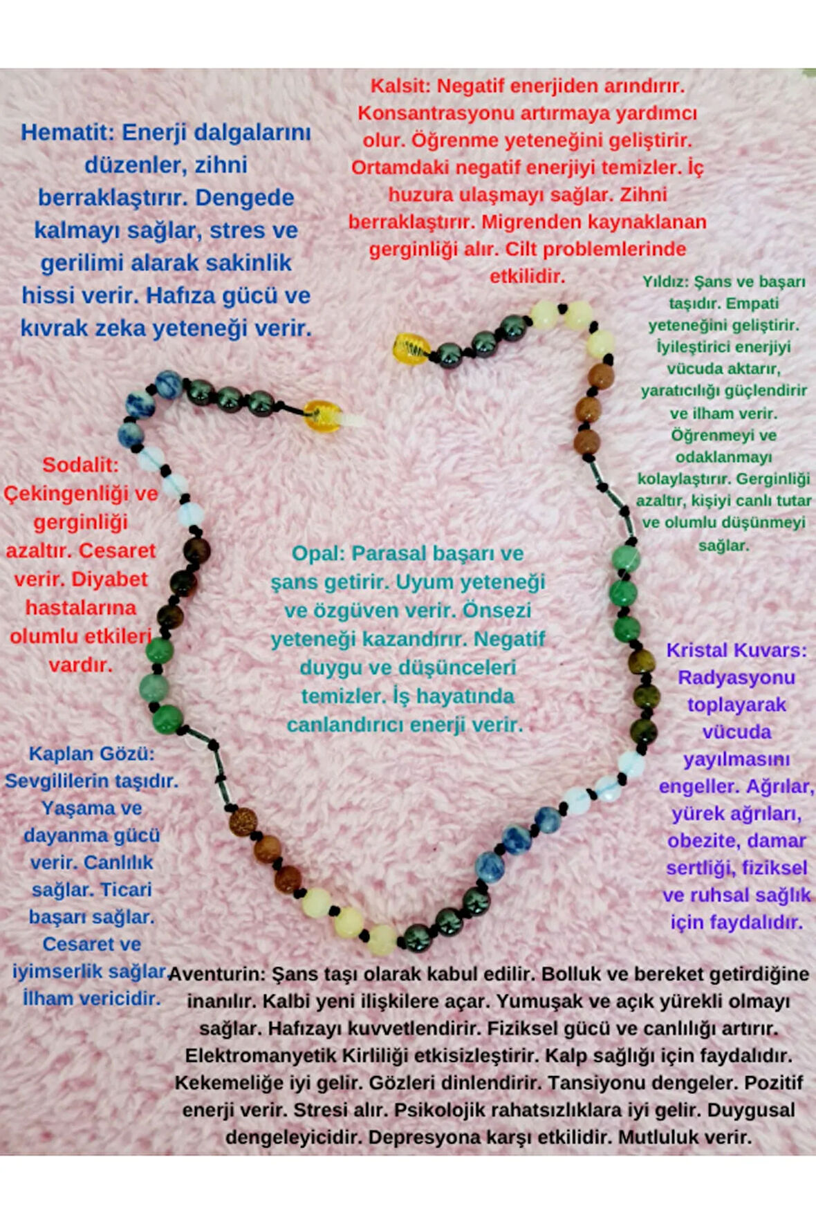 Doğal Taş Tasarım Kolye Hematit Sodalit Opal Kaplan Gözü Aventurin Kristal Kuvars Yıldız Kalsit