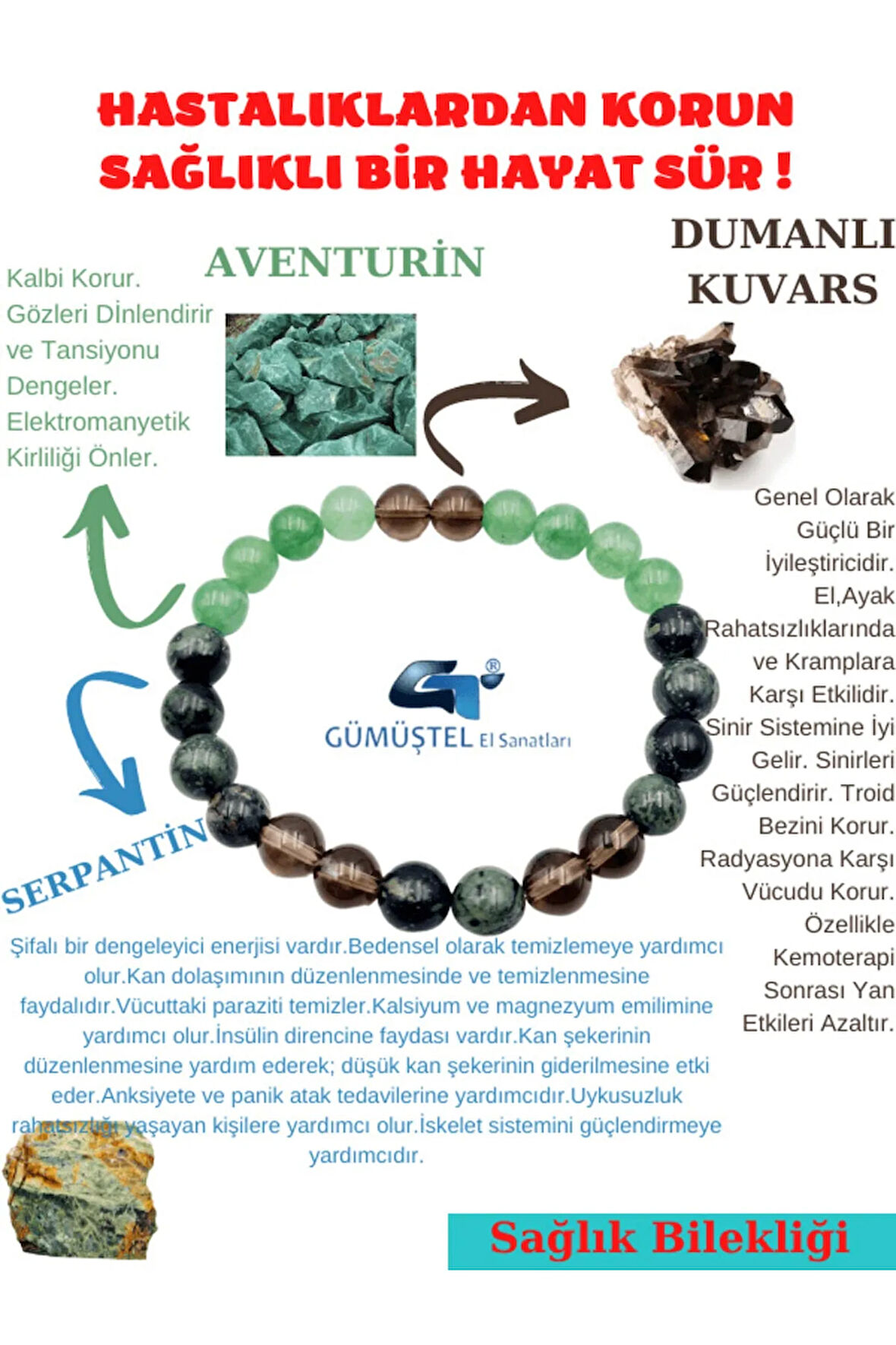 Sertifikalı Sağlık Ve Şifa Tılsım Bilekliği Aventurin-dumanlı Kuvars-serpantin Taşı Uniseks Doğaltaş