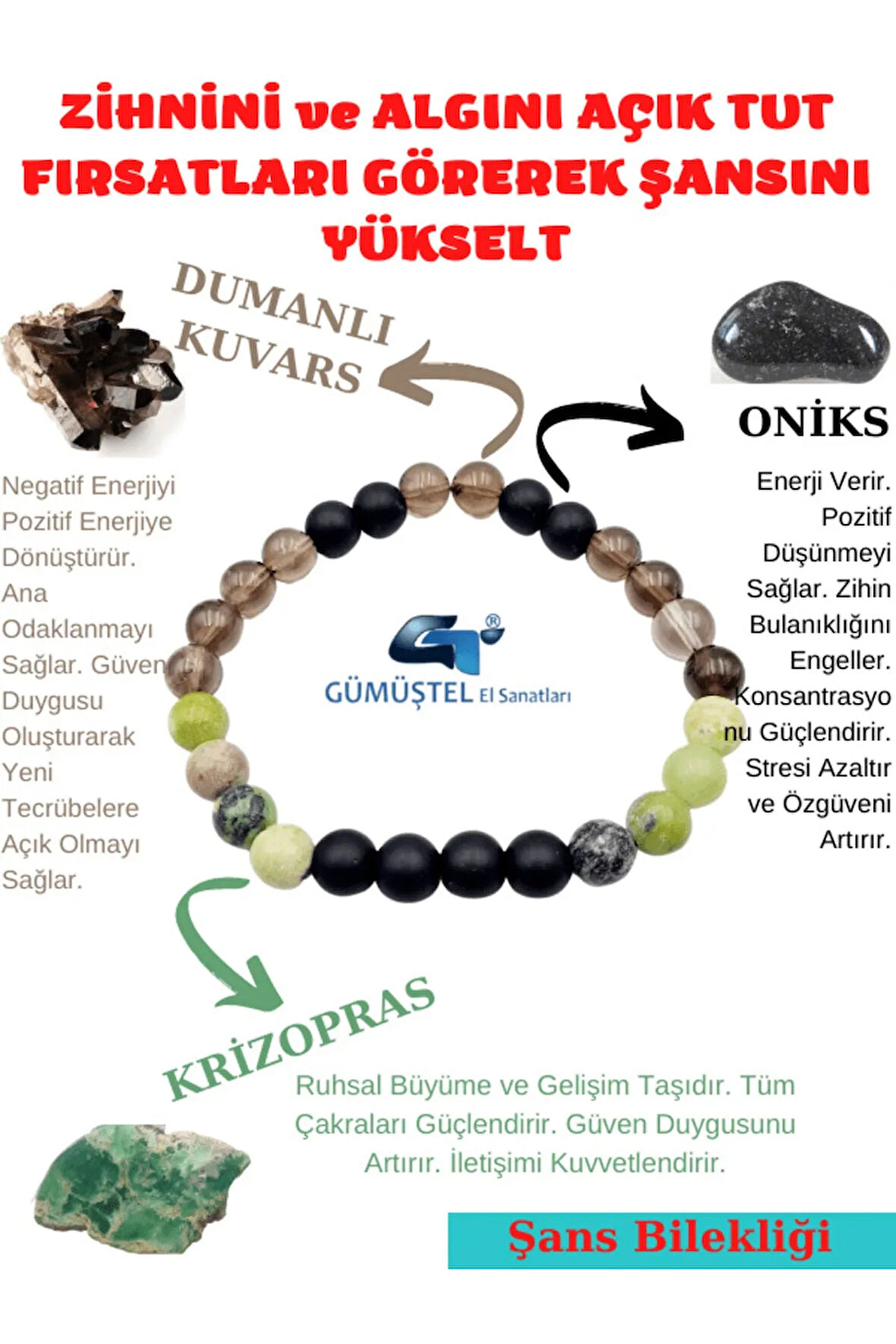 Sertifikalı Şans Doğaltaş Tılsım Bilekliği D.kuvars-oniks-krizopras Taşı Doğaltaş Tılsım Bileklik