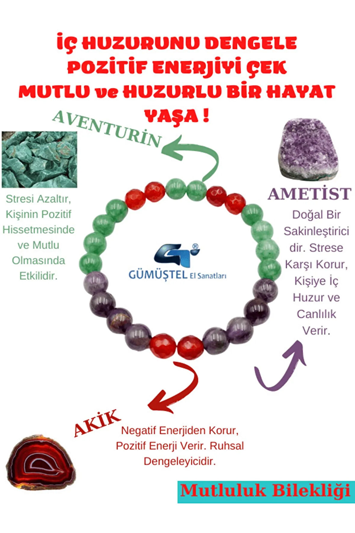 Sertifikalı Mutluluk Iç Huzur Pozitif Enerji Doğal Taş Tılsım Bilekliği Aventurin-ametist-akik