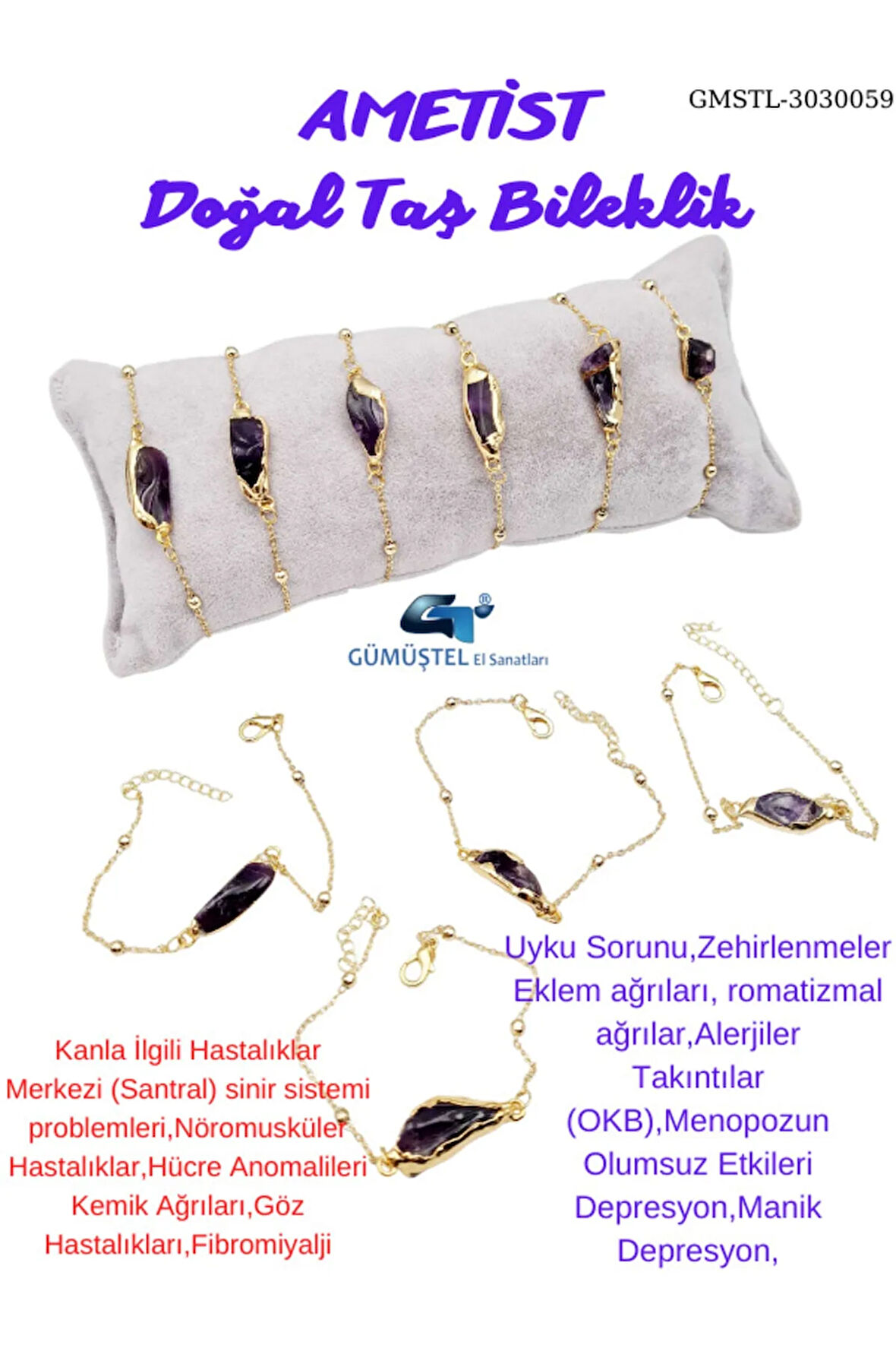 Sertifikalı Doğal Işlenmemiş Ametist Taşı Bileklik Tasarım Sevgiliye Anneye Hediye Sürpriz Hediyeli