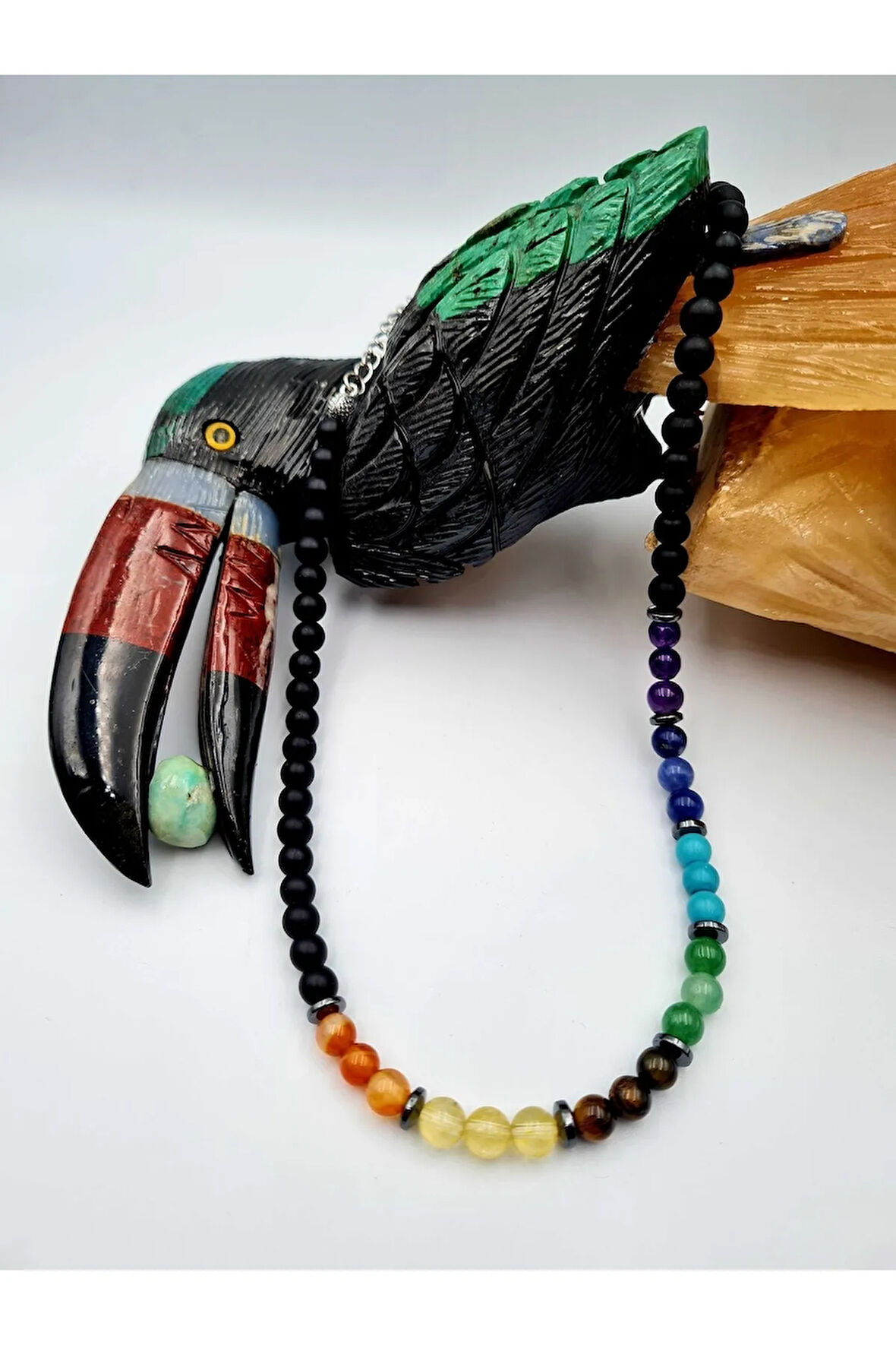 Sertifikalı Doğal Taş 7 Çakra Oniks Hematit Taşı Tasarım Kolye