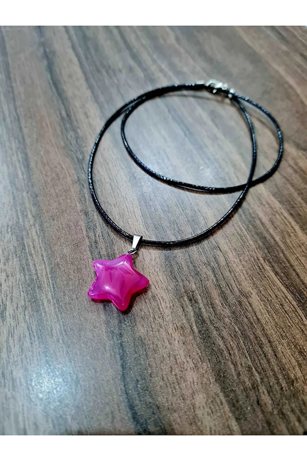 Sertifikalı Pembe Akik Doğal Taş Kolye Yıldız Model Zincir