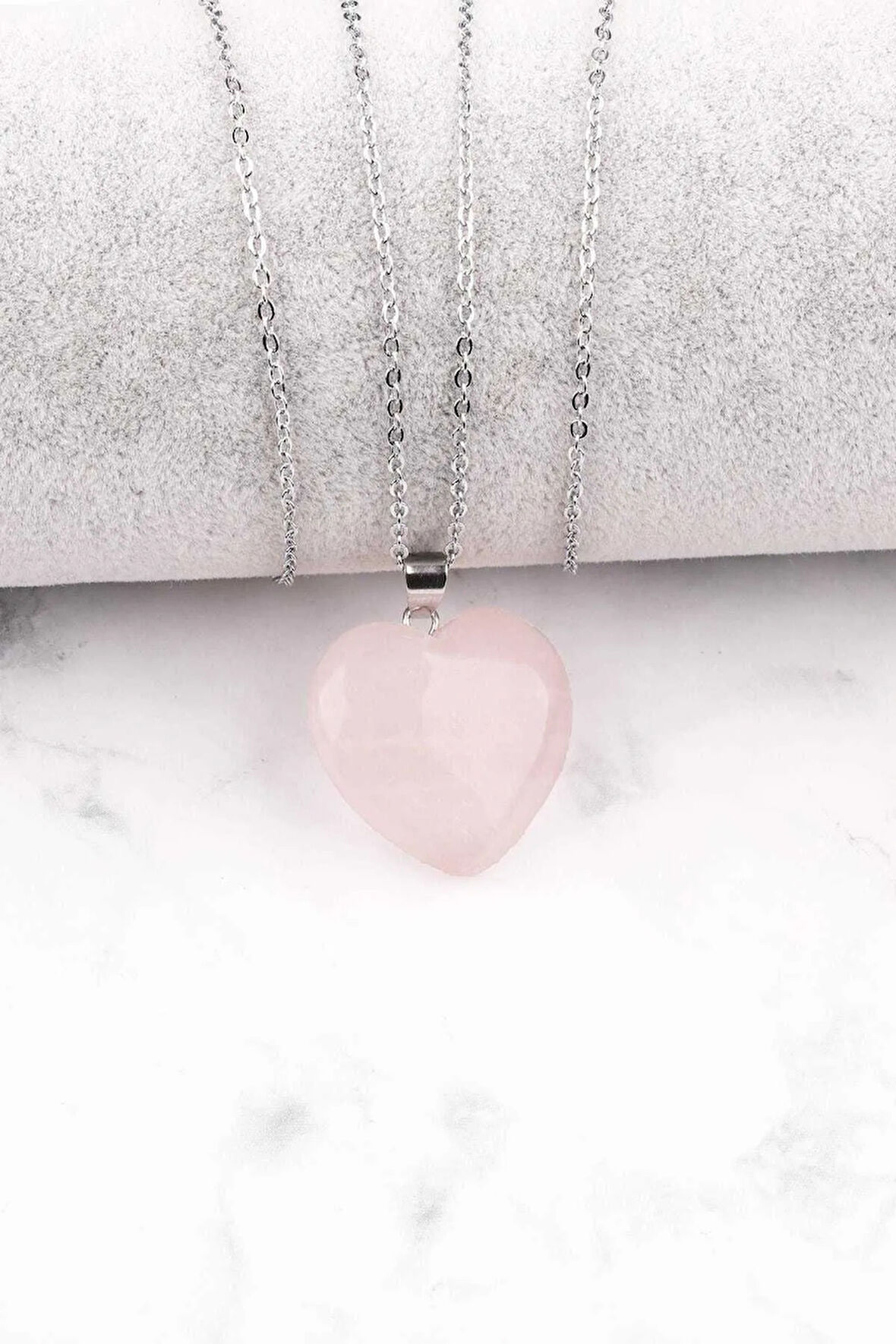 Sertifikalı Pembe Kuvars Doğal Taş Kalp Kolye Sürpriz Hediyeli