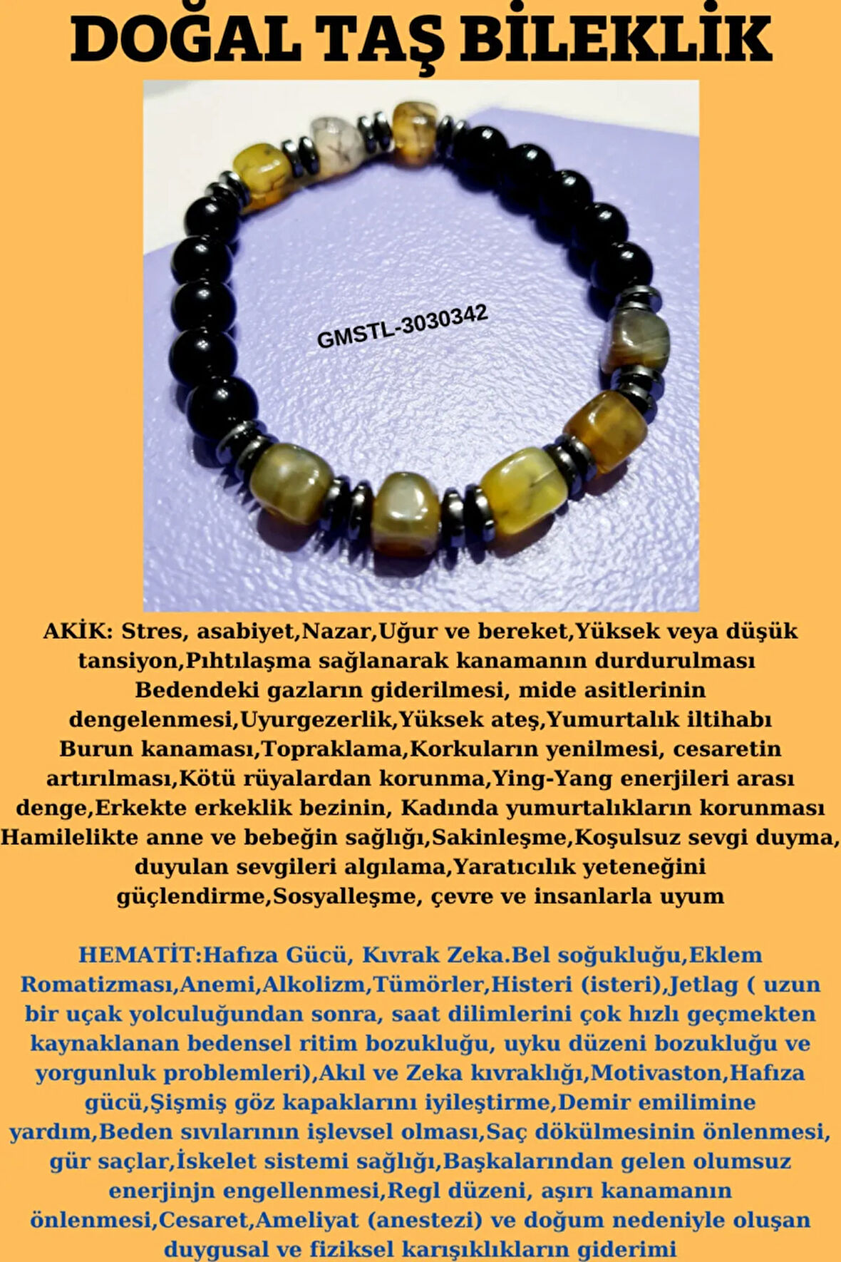 Sertifikalı Orijinal Doğal Taş Bileklik Akik Hematit Sürpriz Hediyeli