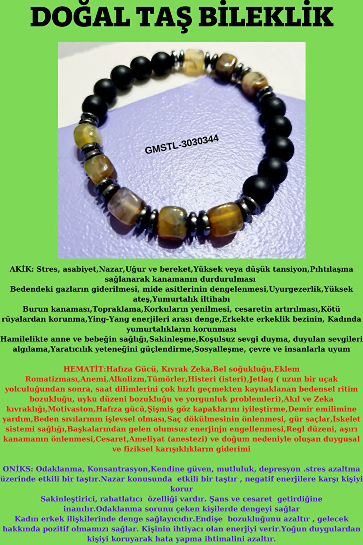 Sertifikalı Orijinal Doğal Taş Bileklik Akik Hematit Oniks Sürpriz Hediyeli