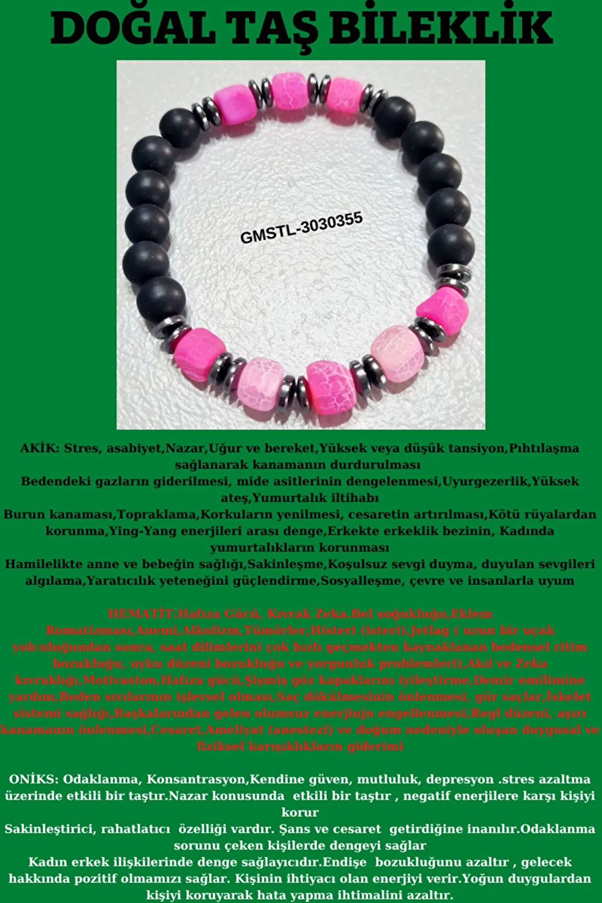 Sertifikalı Orijinal Doğal Taş Bileklik Akik Hematit Oniks Sürpriz Hediyeli