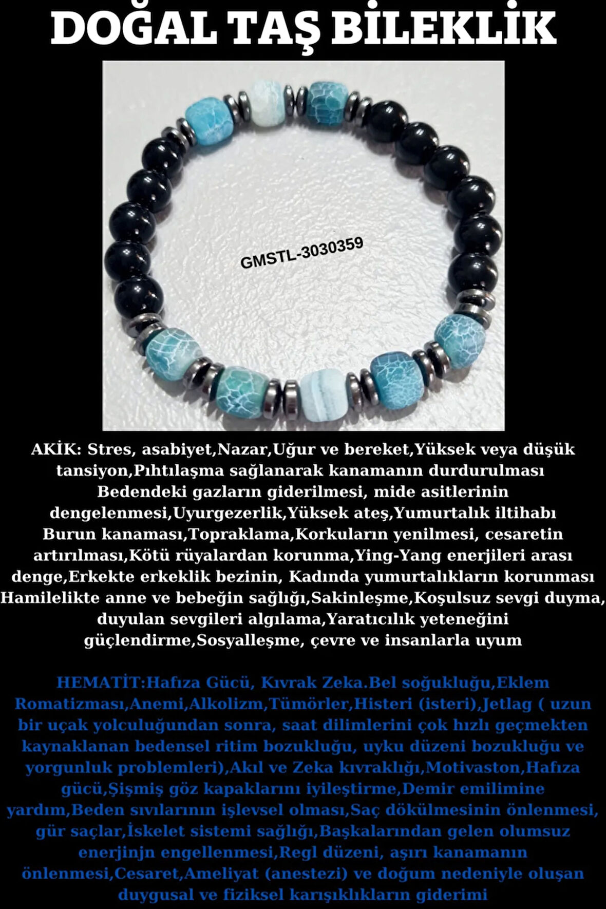 Sertifikalı Orijinal Doğal Taş Bileklik Akik Hematit Sürpriz Hediyeli