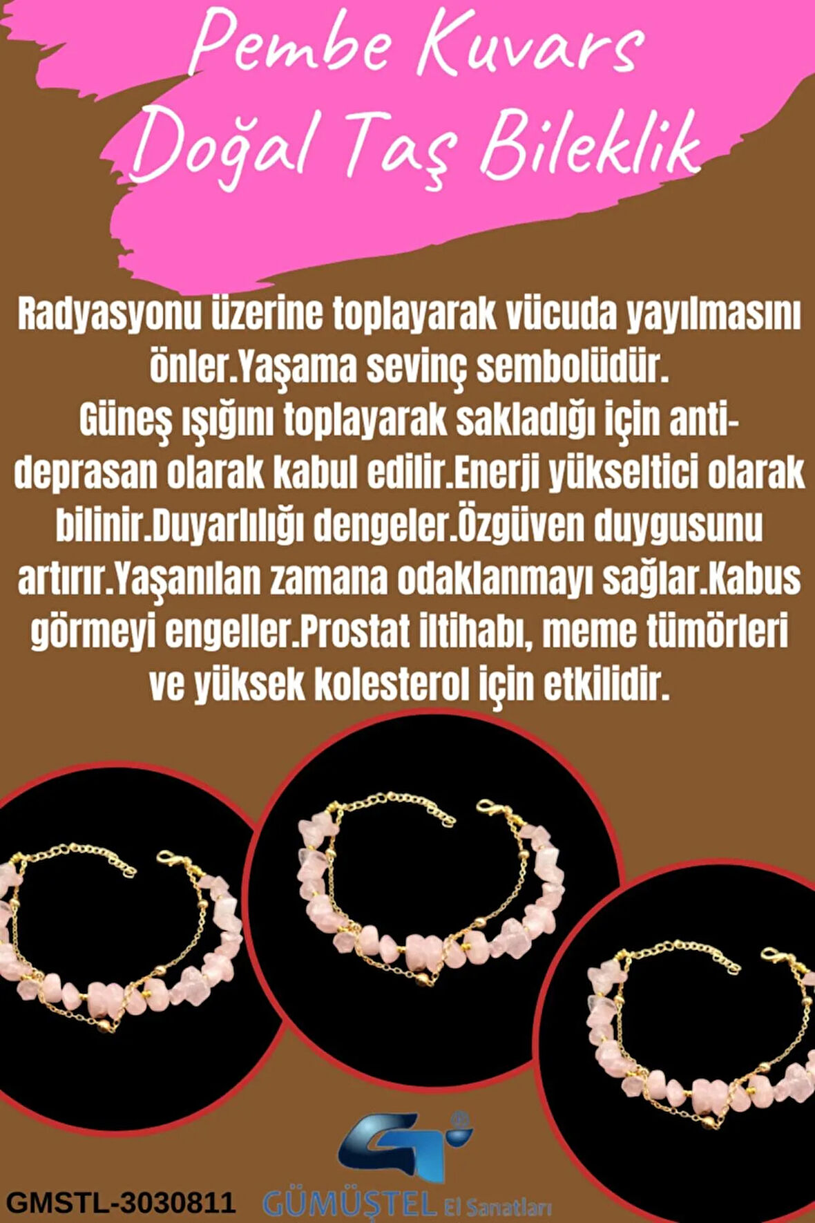 Sertifikalı Pembe Kuvars Doğal Taş Bileklik Özel Tasarım