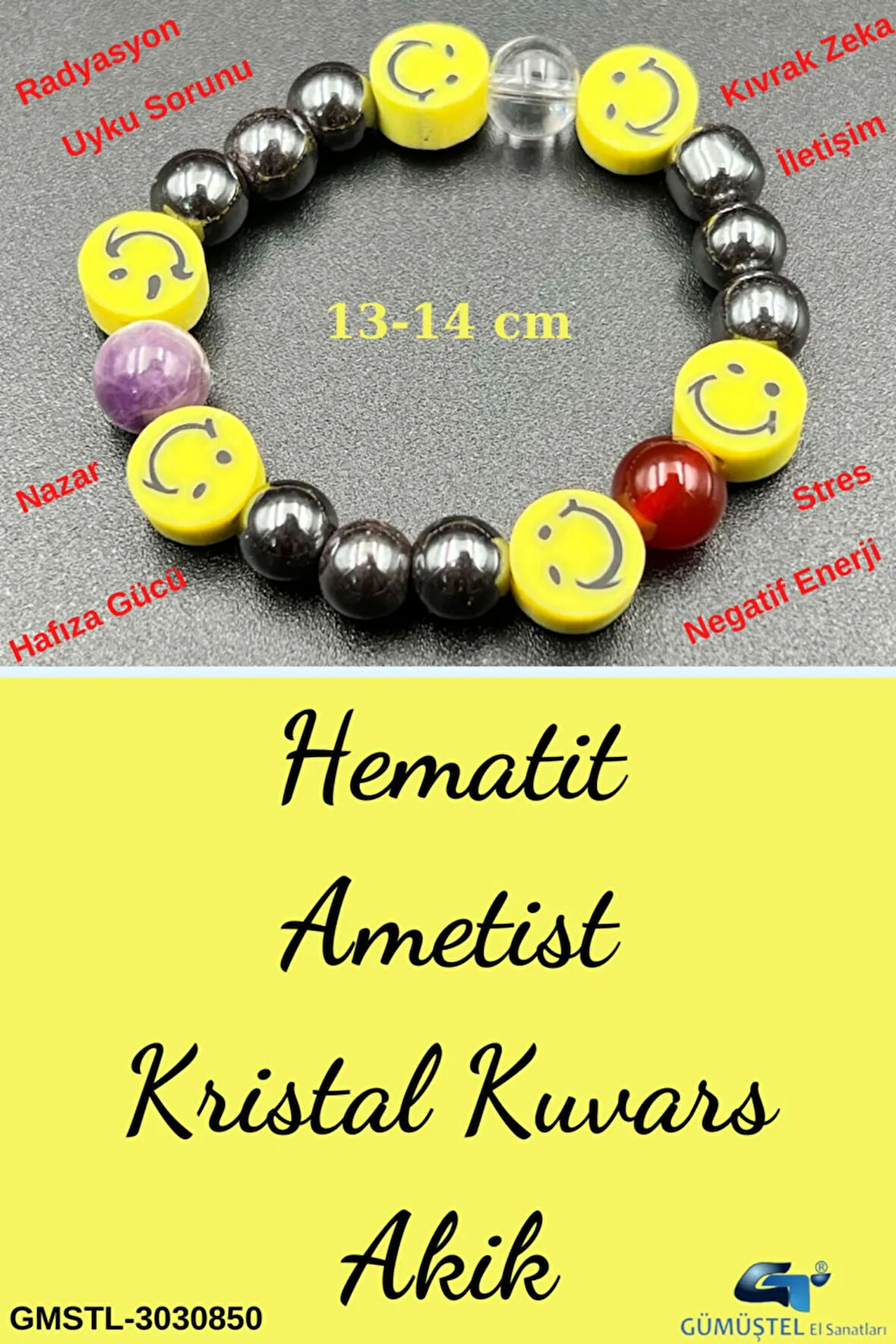 Sertifikalı Doğal Taş Çocuk Bilekliği Ametist Hematit Kristal Kuvars Akik