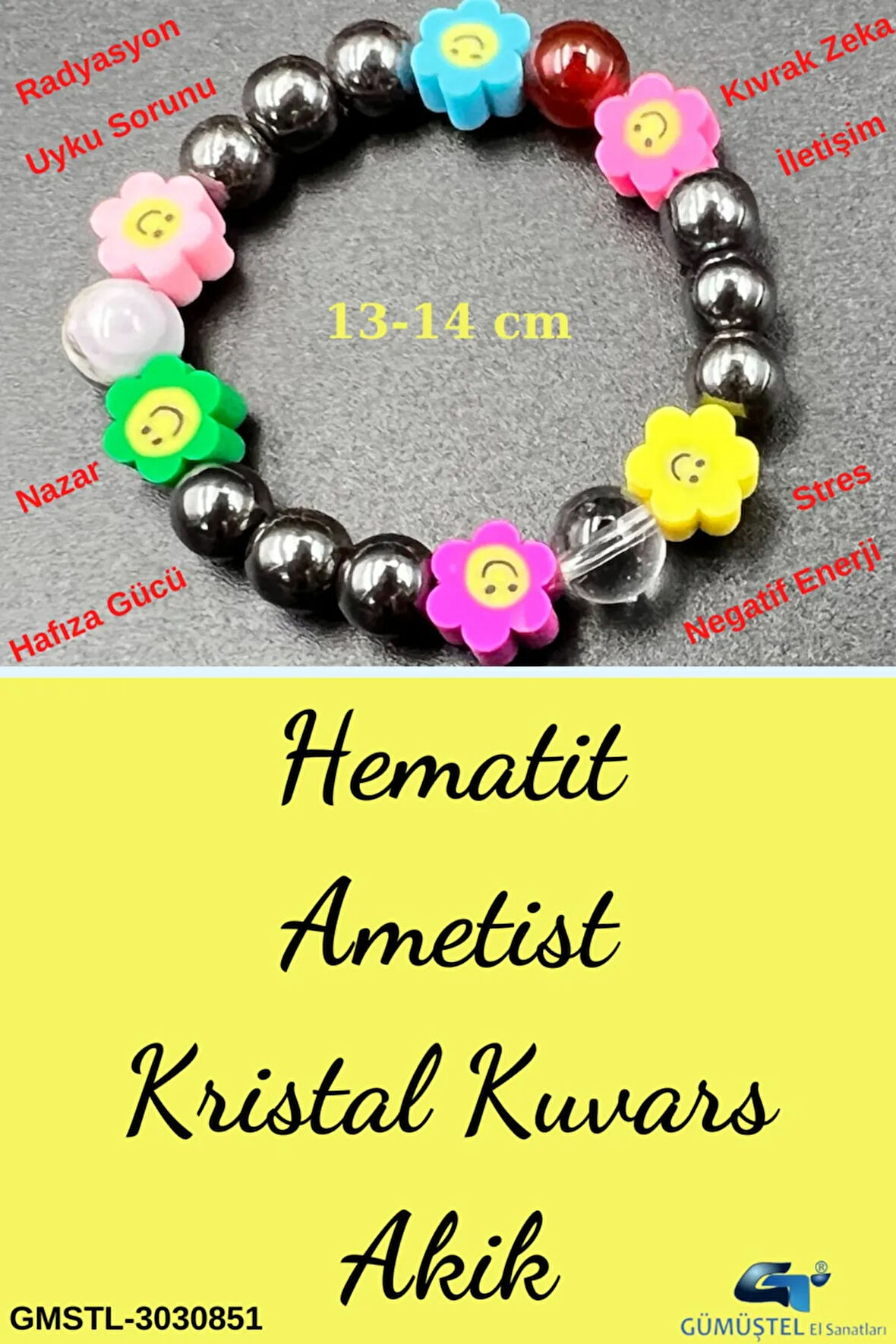 Sertifikalı Doğal Taş Çocuk Bilekliği Ametist Hematit Kristal Kuvars Akik