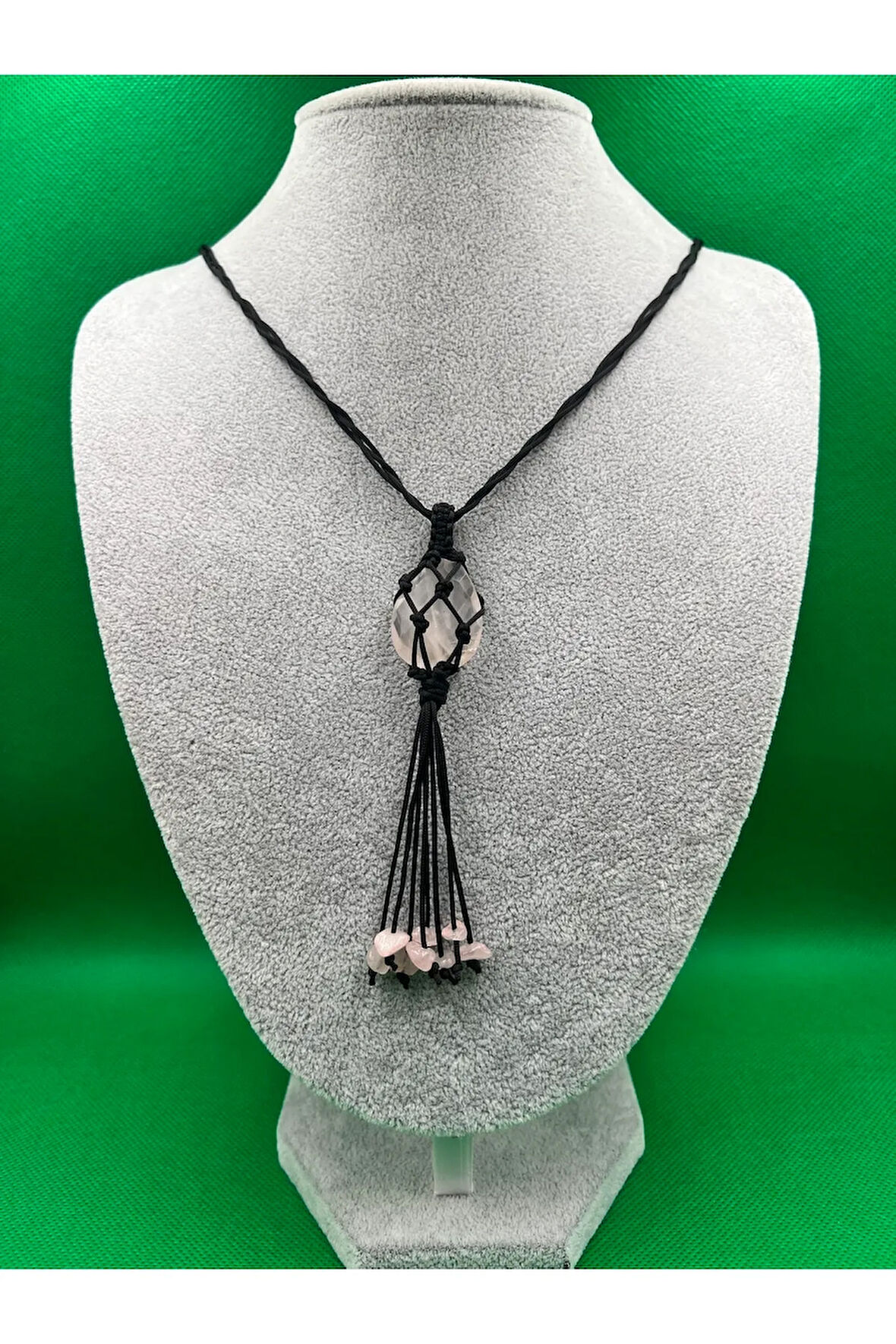 Sertifikalı Pembe Kuvars Doğal Taş Tasarım Kolye El Yapımı Örgü Model Aaa Kalite