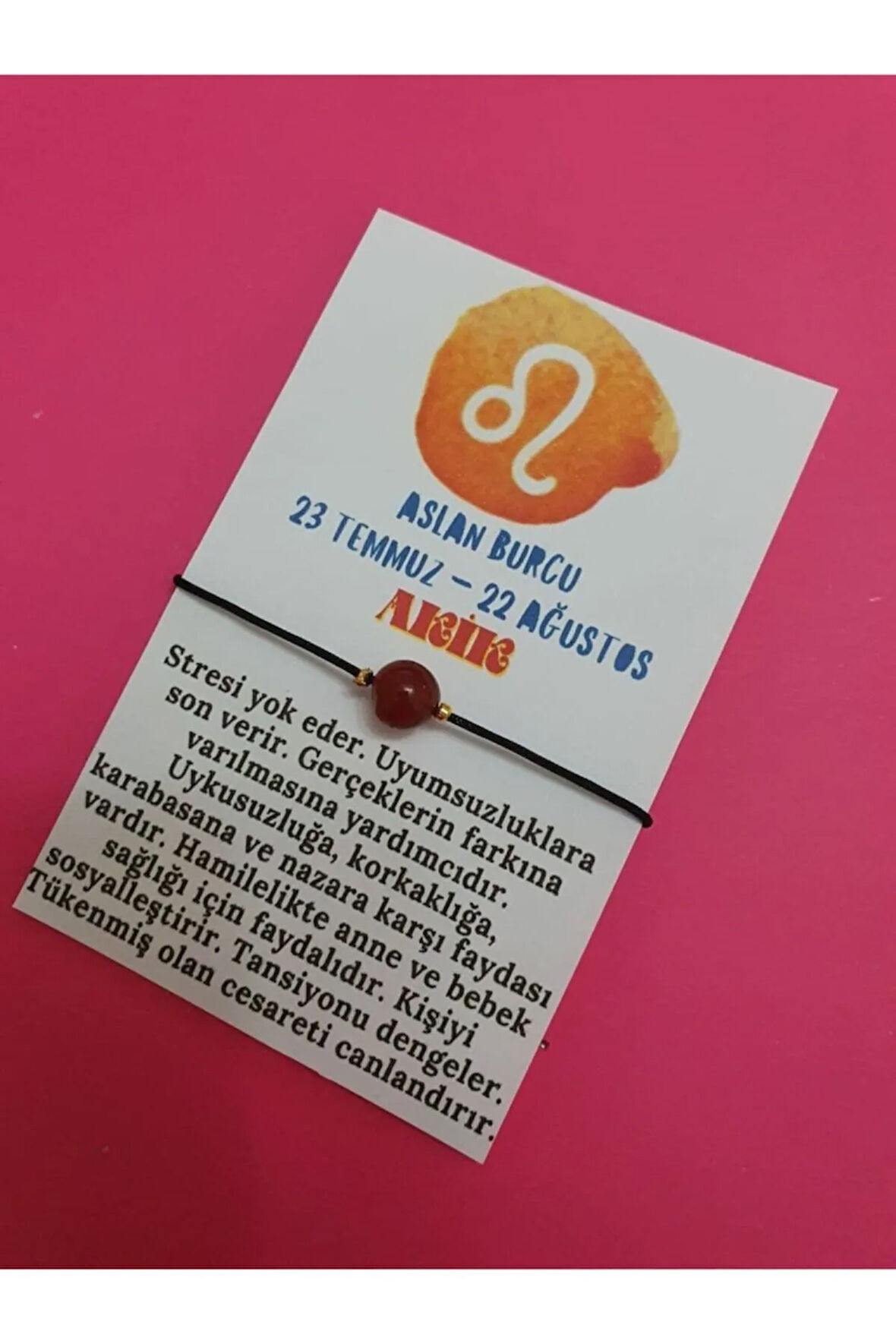 Sertifikalı Aslan Burcu Akik Doğal Taş Ip Burç Bilekliği