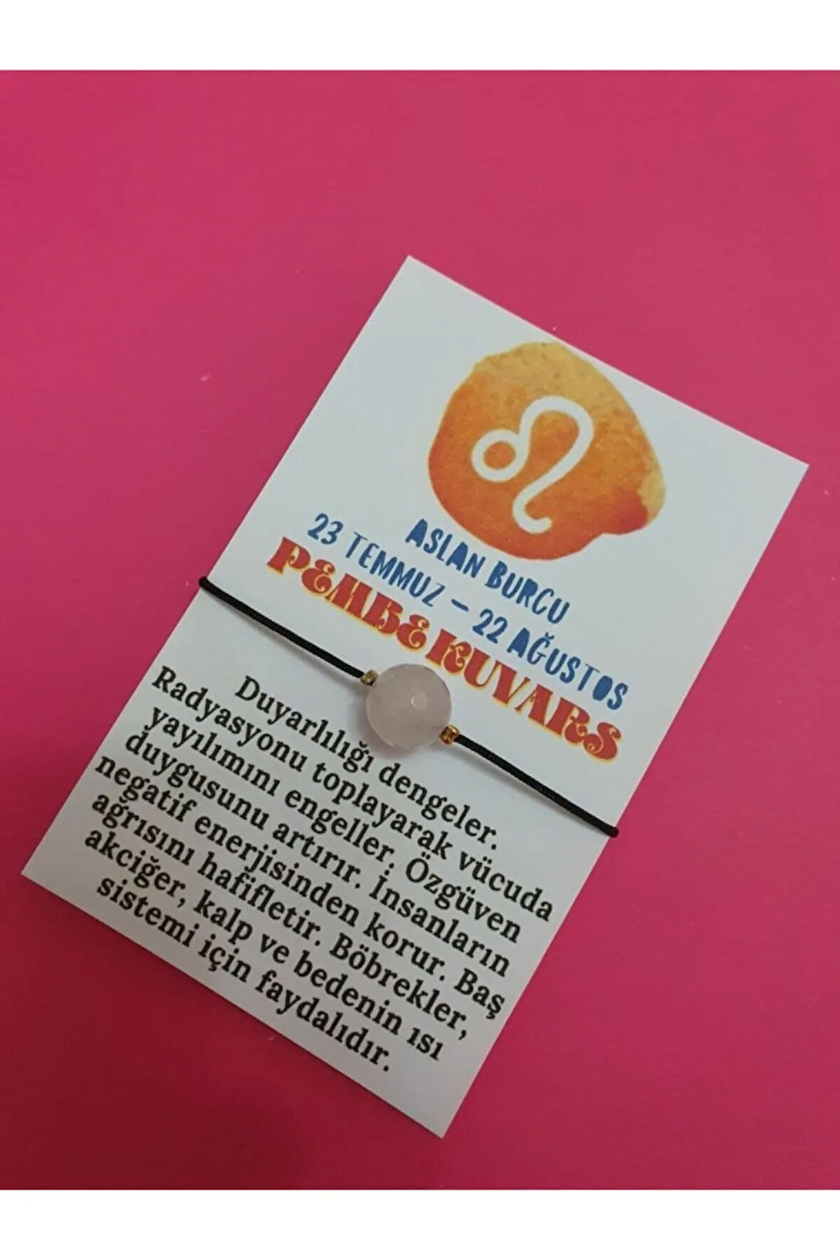 Sertifikalı Aslan Burcu Pembe Kuvars Doğal Taş Ip Burç Bilekliği
