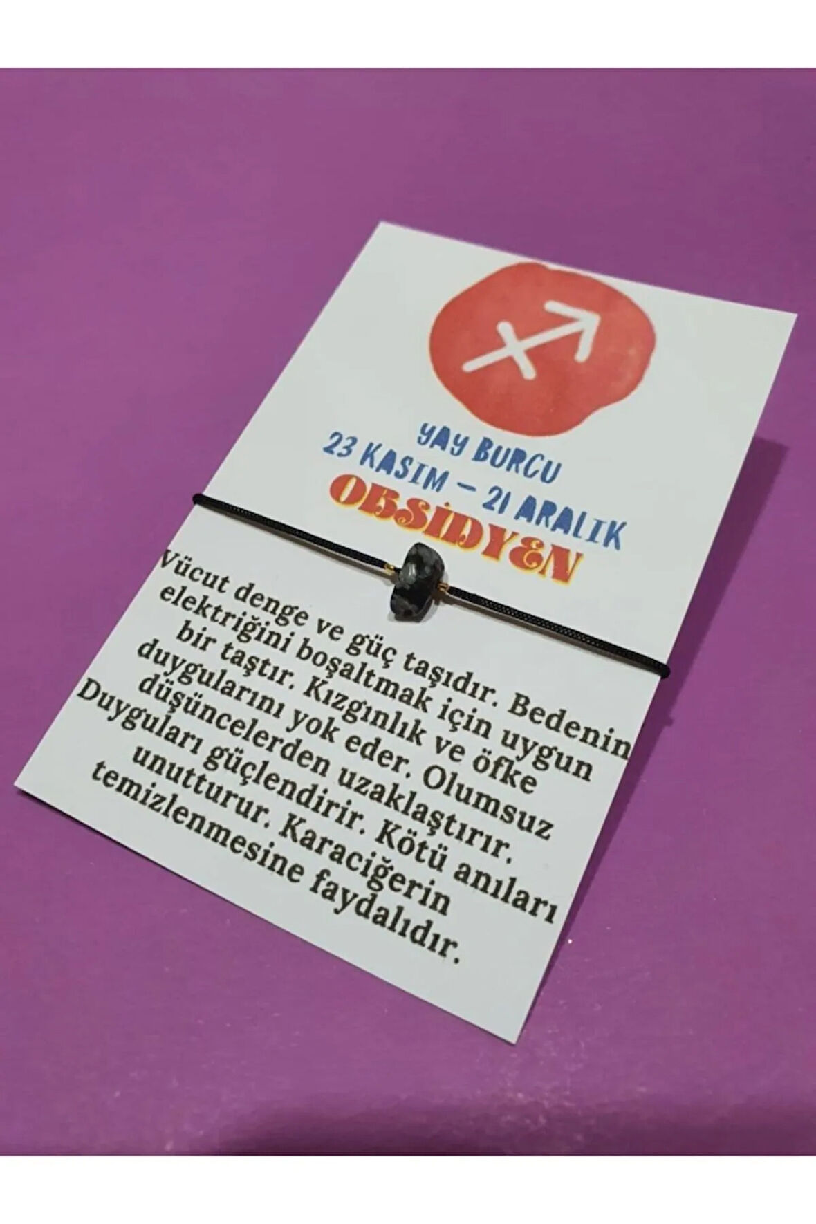 Sertifikalı Yay Burcu Obsidyen Doğal Taşlı Ip Burç Bilekliği