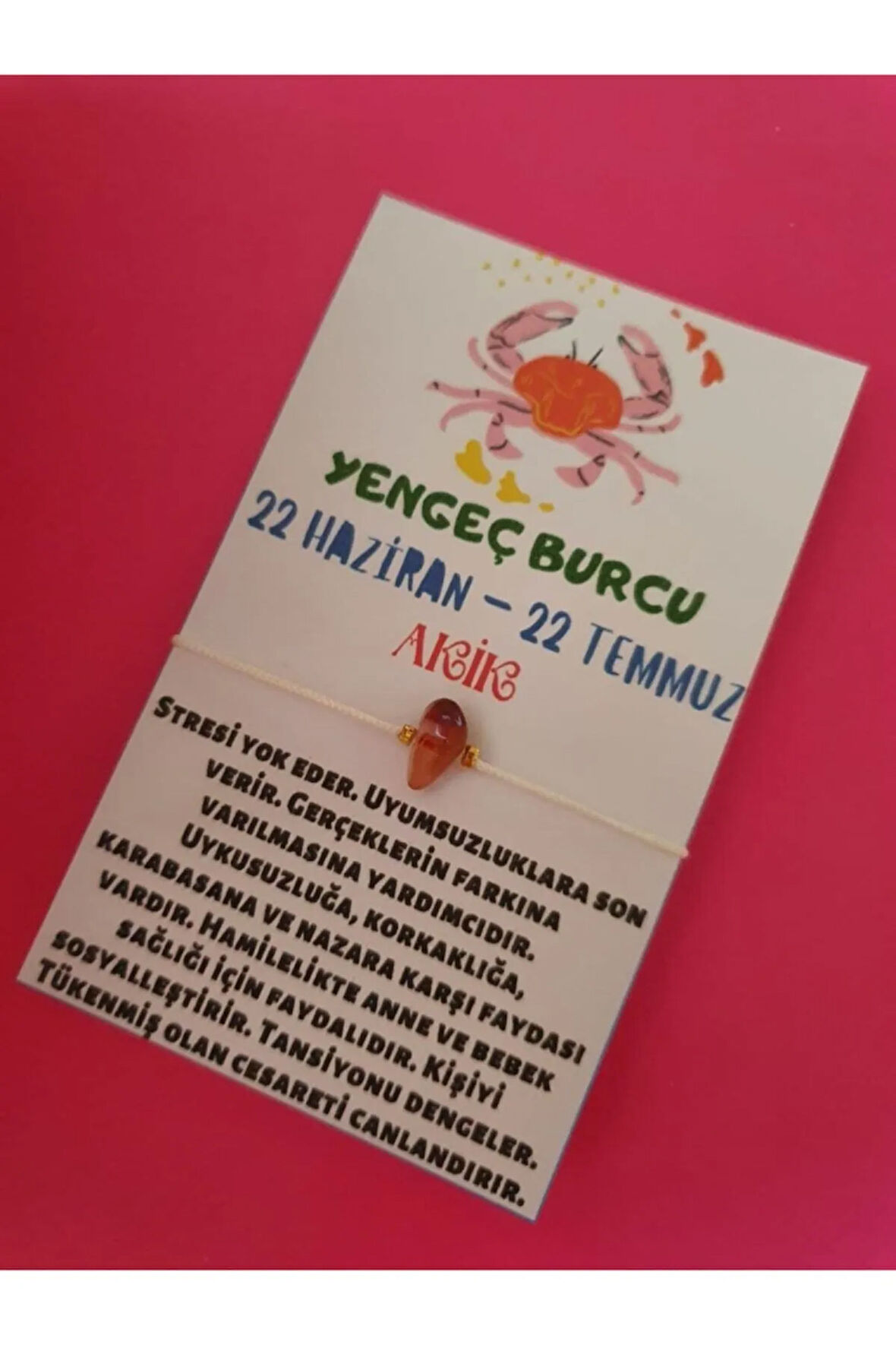 Sertifikalı Yengeç Burcu Akik Doğal Taşlı Ip Burç Bilekliği