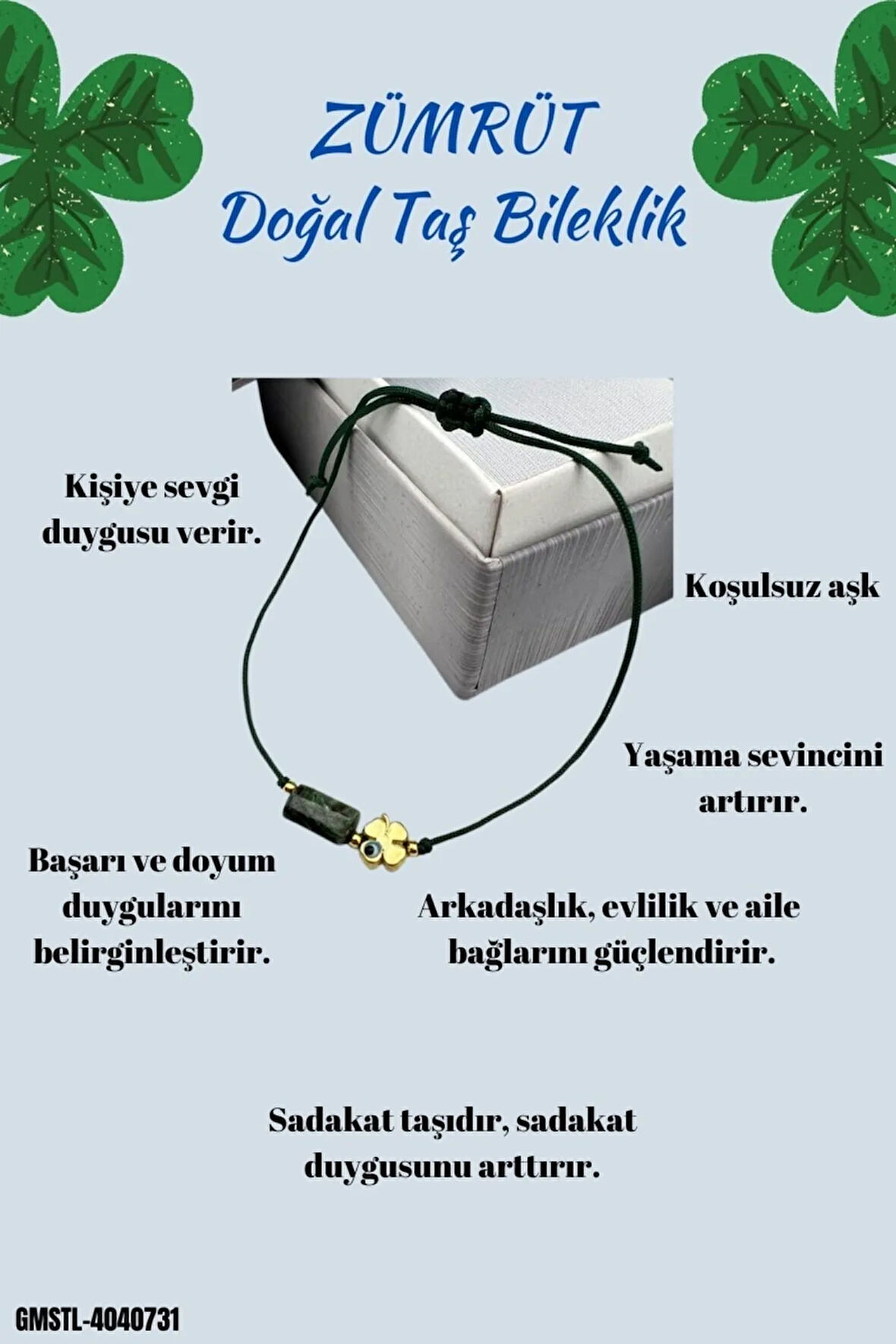 Sertifikalı Zümrüt Doğal Taş Bileklik Yonca Obje Detaylı Makrome Örgülü Kilit El Işçiliği