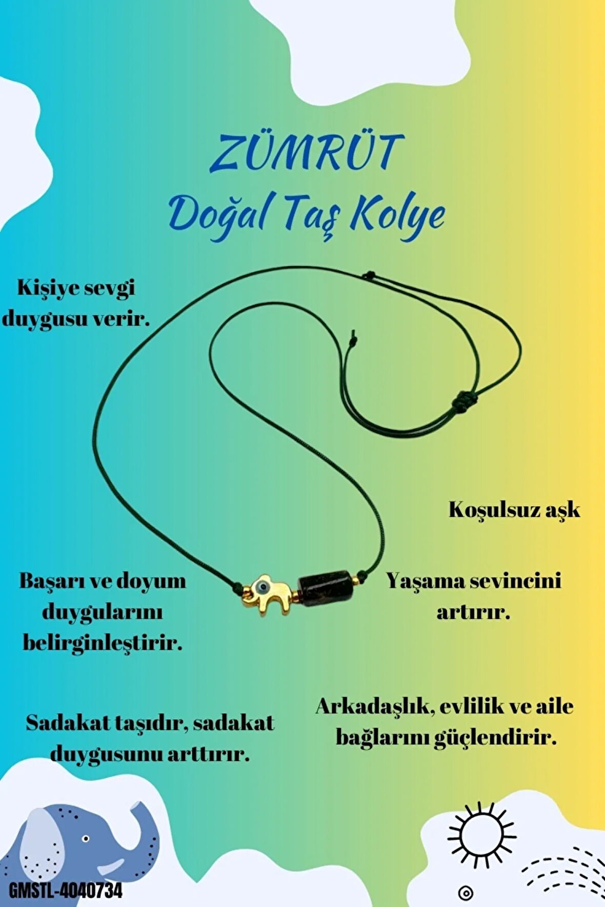 Sertifikalı Zümrüt Doğal Taş Kolye Fil Obje Detaylı Makrome Kilit Sistemi El Işçiliği