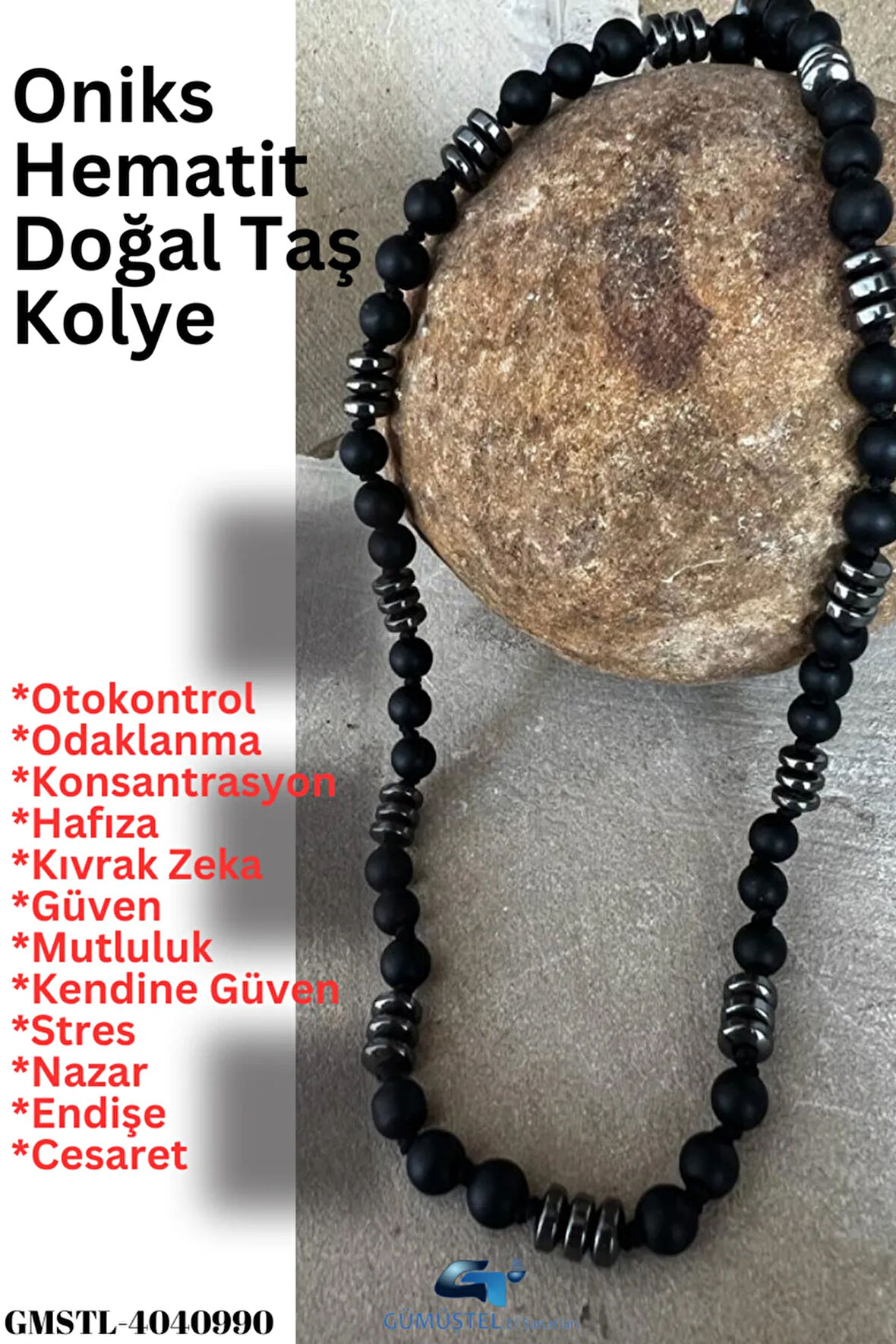 Sertifikalı Doğal Taş Oniks Hematit Erkek Kolye