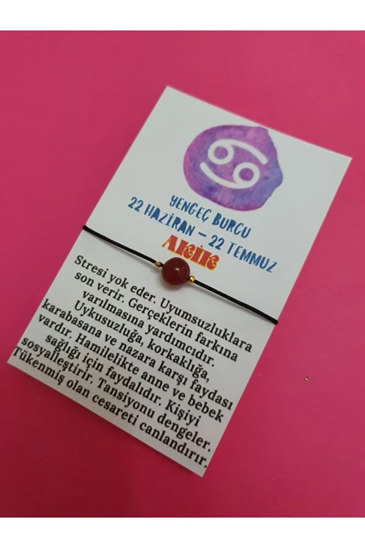 Sertifikalı Yengeç Burcu Akik Doğal Taş Ip Burç Bilekliği