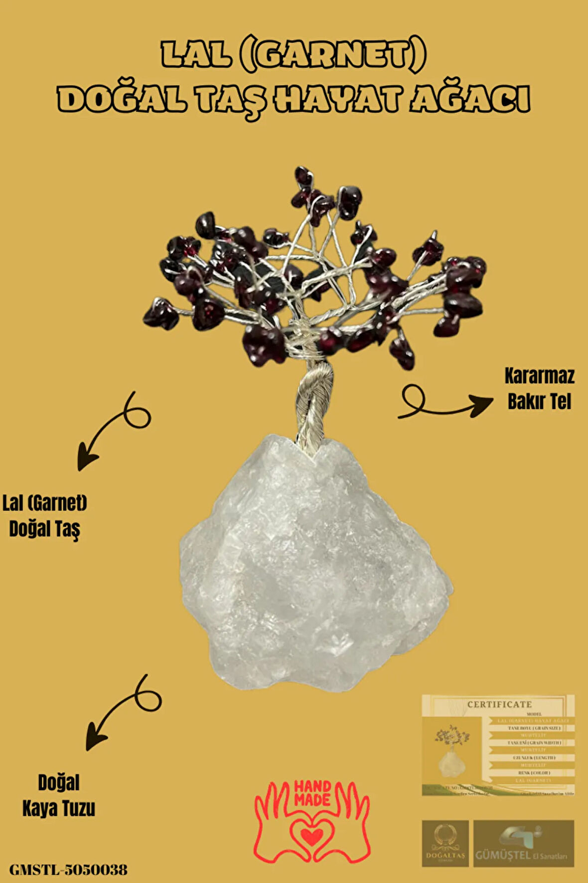 Sertifikalı Lal (Garnet) Orijinal Doğal Taş Hayat Ağacı Biblo El Yapımı Sürpriz Hediyeli