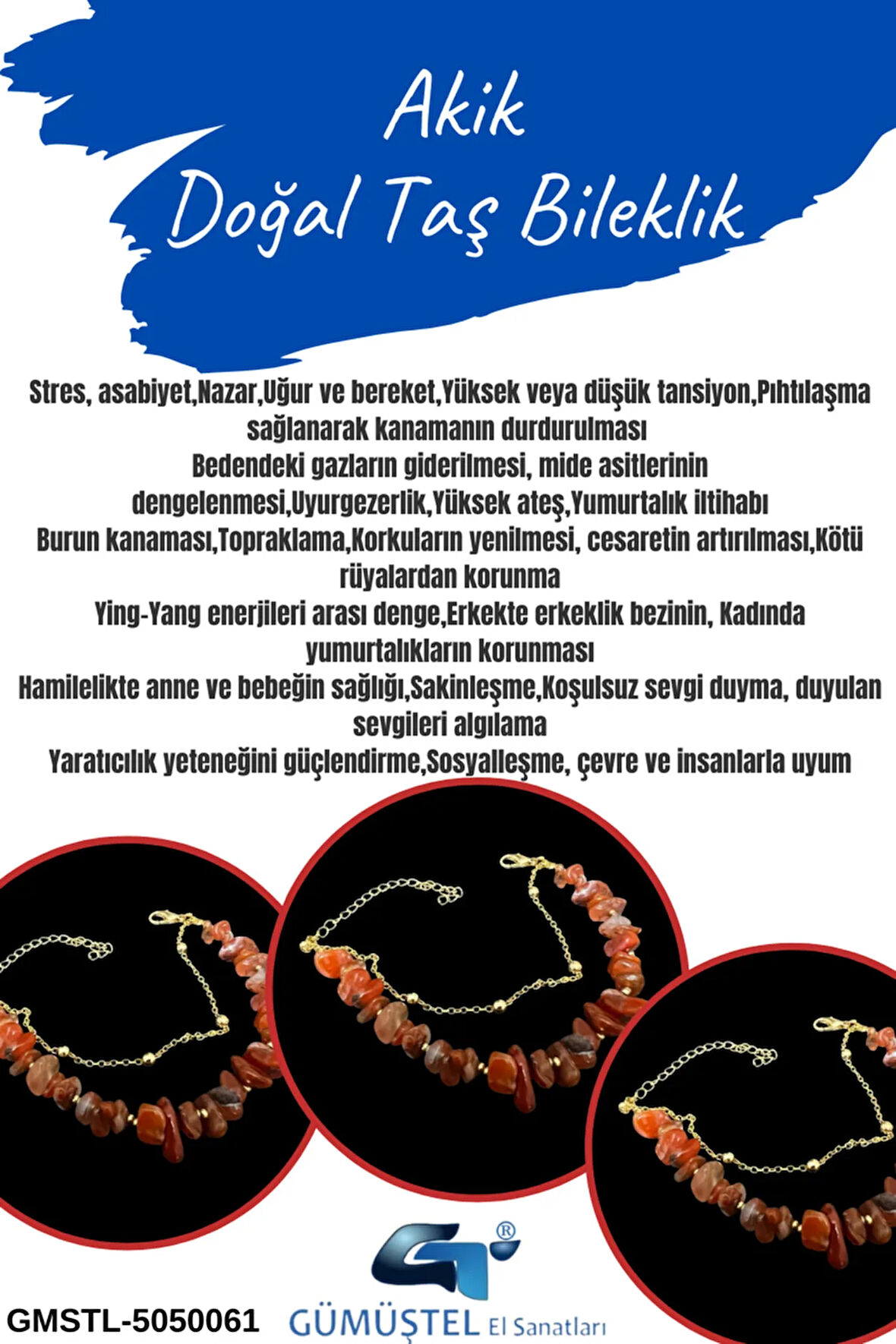 Sertifikalı Akik Doğal Taş Bileklik Özel Tasarım