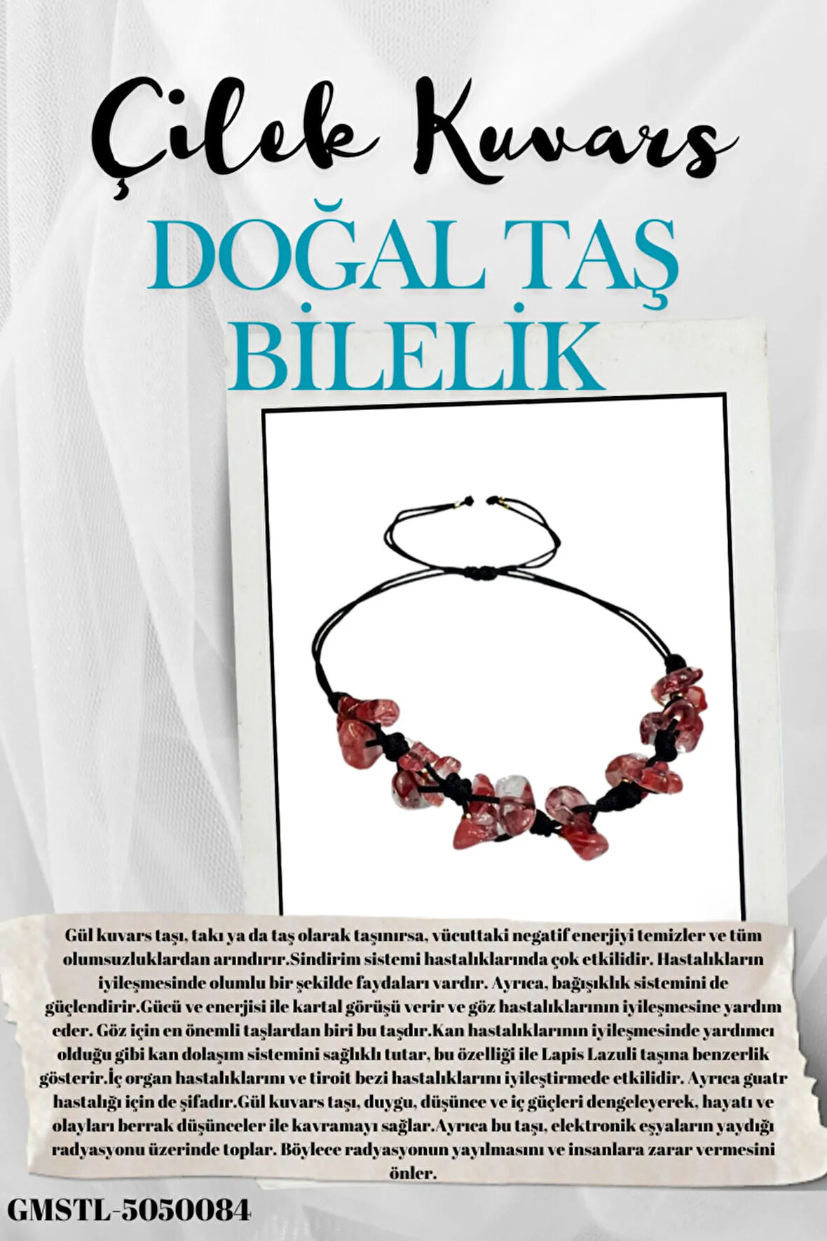 Doğal Taş Çilek Kuvars Bileklik Özel Tasarım El Yapımı Asansör Kilit Sistemi