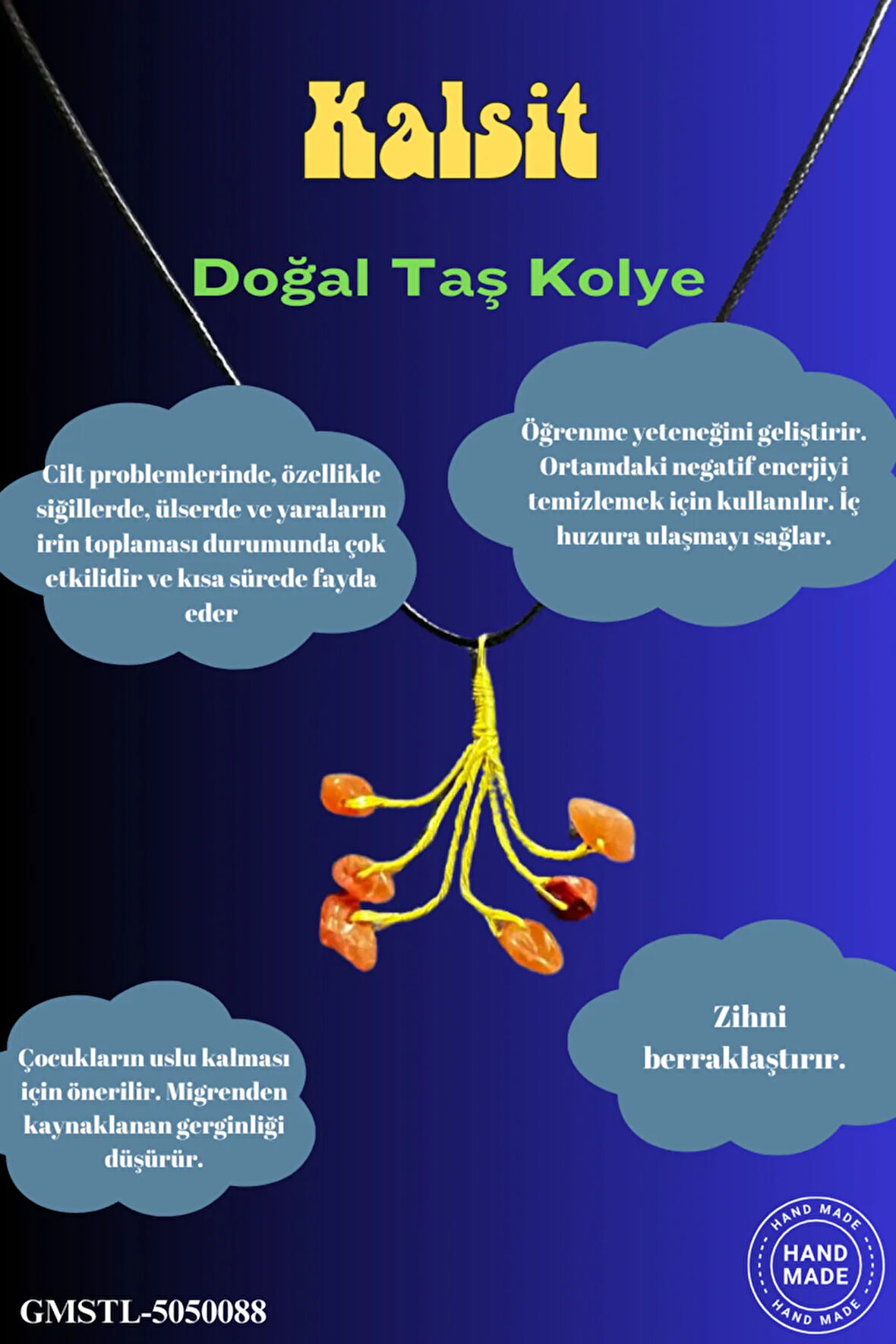 Sertifikalı Orijinal Doğal Taş Kalsit Taşı El Yapımı Bakır Tel Sarma Kolye