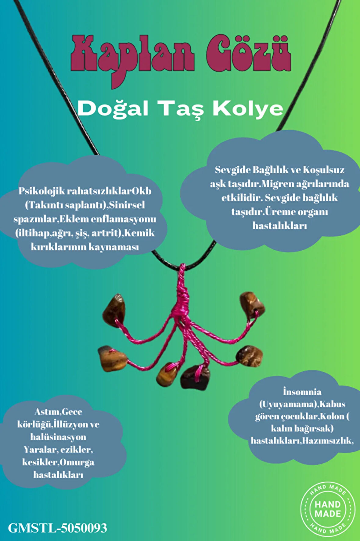 Sertifikalı Orijinal Doğal Taş Kaplan Gözü Taşı El Yapımı Bakır Tel Sarma Kolye