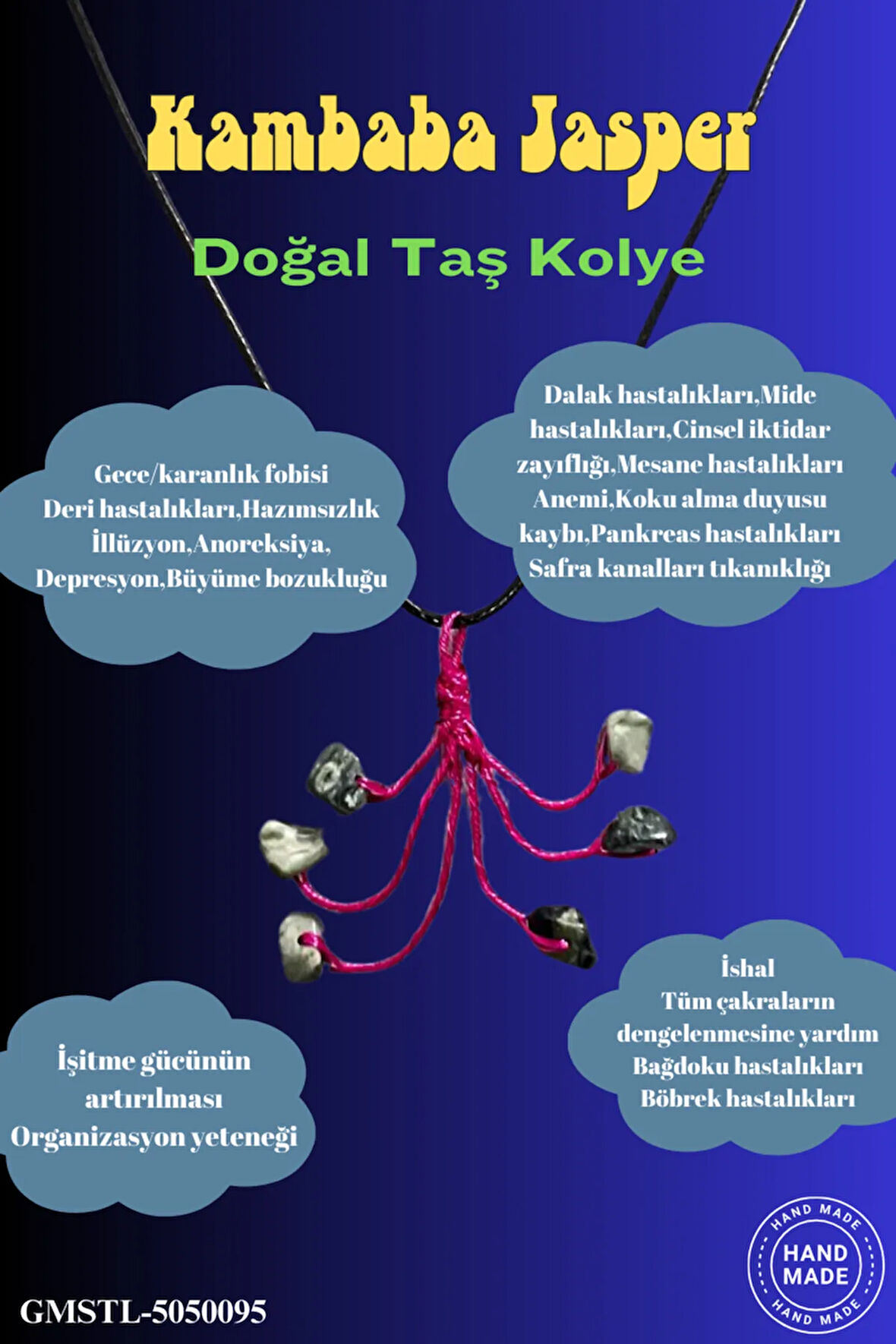 Sertifikalı Orijinal Doğal Taş Kambaba Jasper Taşı El Yapımı Bakır Tel Sarma Kolye
