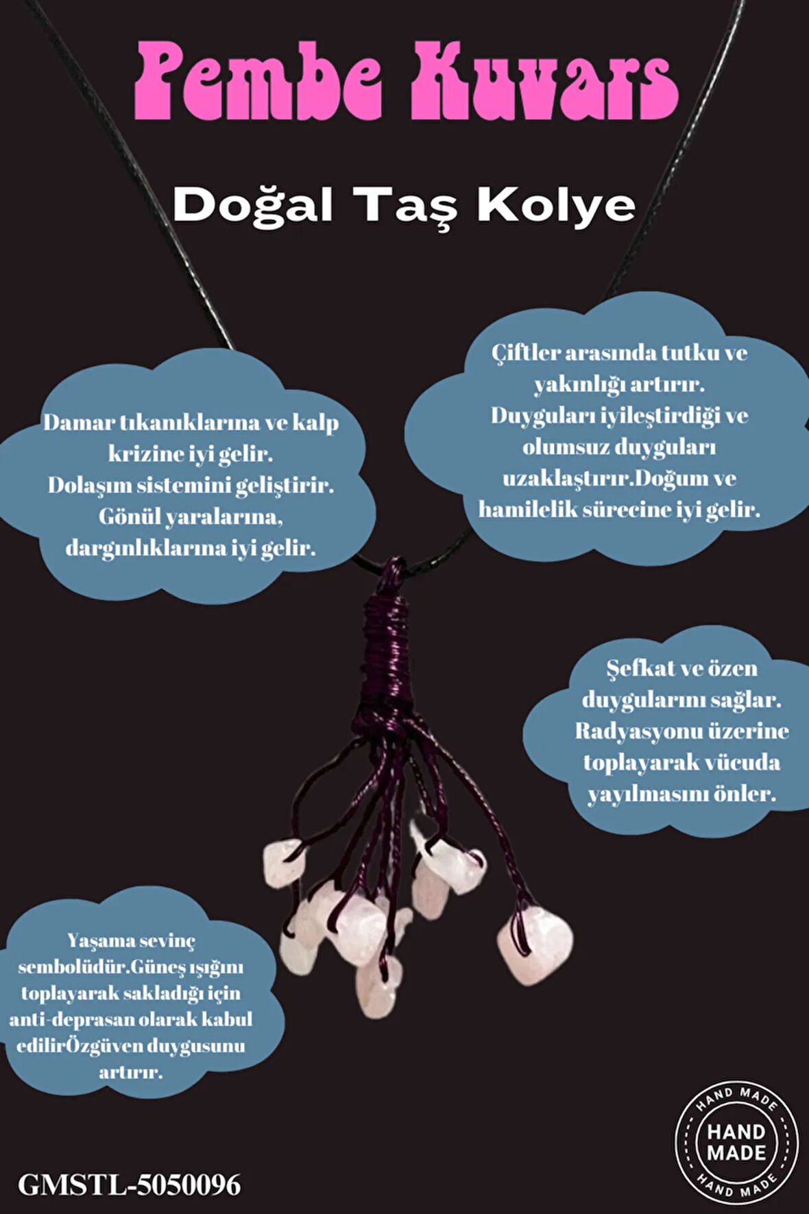 Sertifikalı Orijinal Doğal Taş Pembe Kuvars Taşı El Yapımı Bakır Tel Sarma Kolye