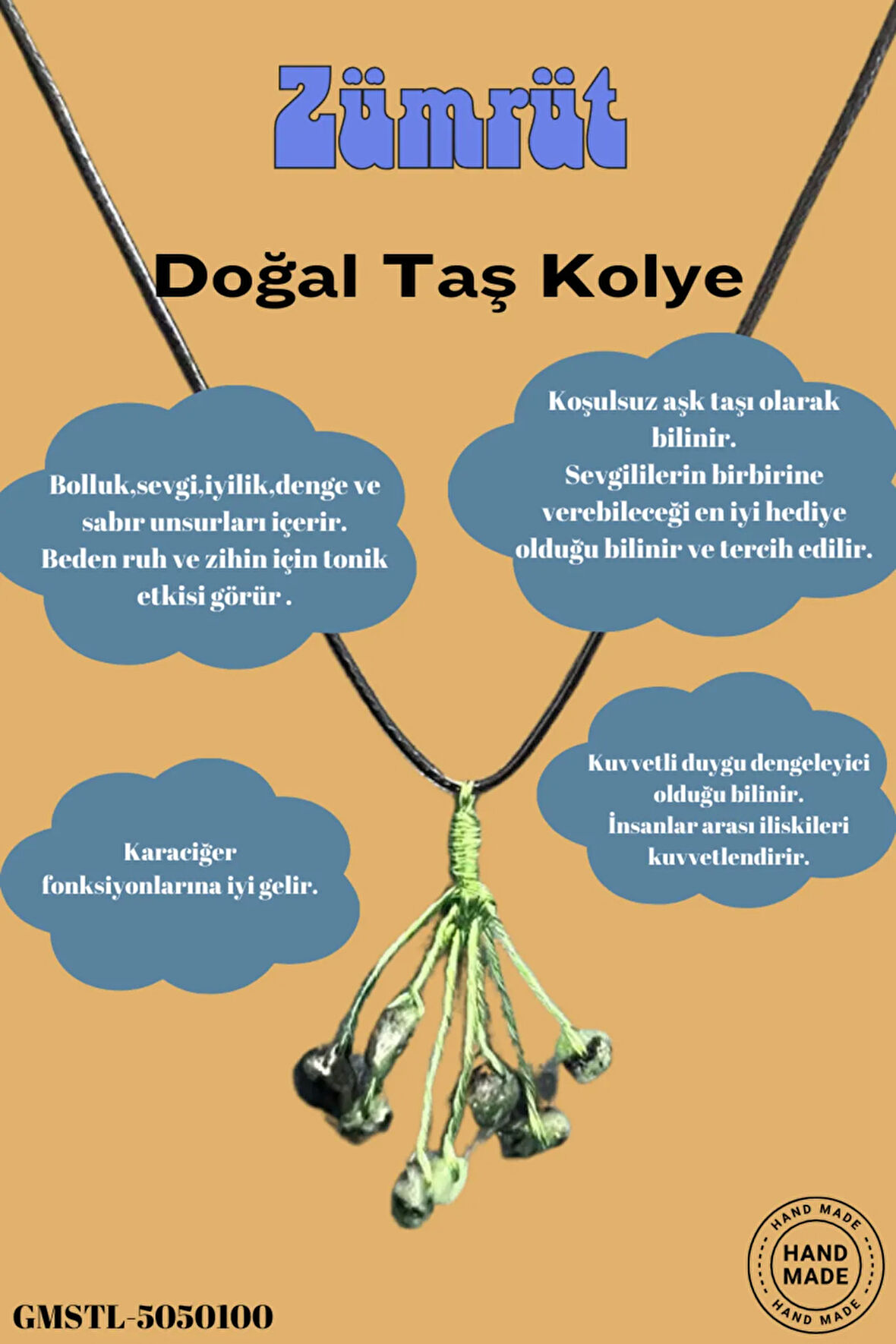 Sertifikalı Orijinal Doğal Taş Zümrüt Taşı El Yapımı Bakır Tel Sarma Kolye