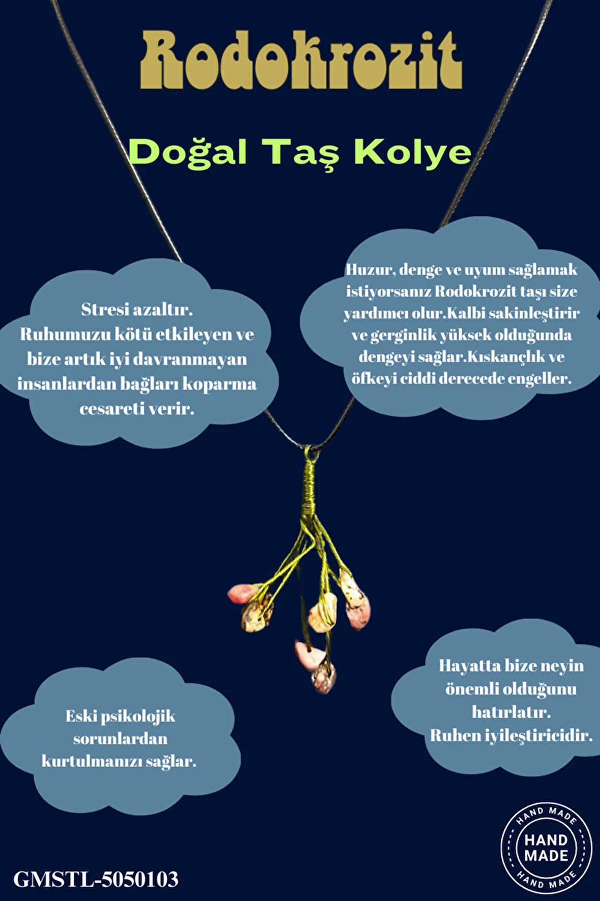Sertifikalı Orijinal Doğal Taş Rodokrozit Taşı El Yapımı Bakır Tel Sarma Kolye