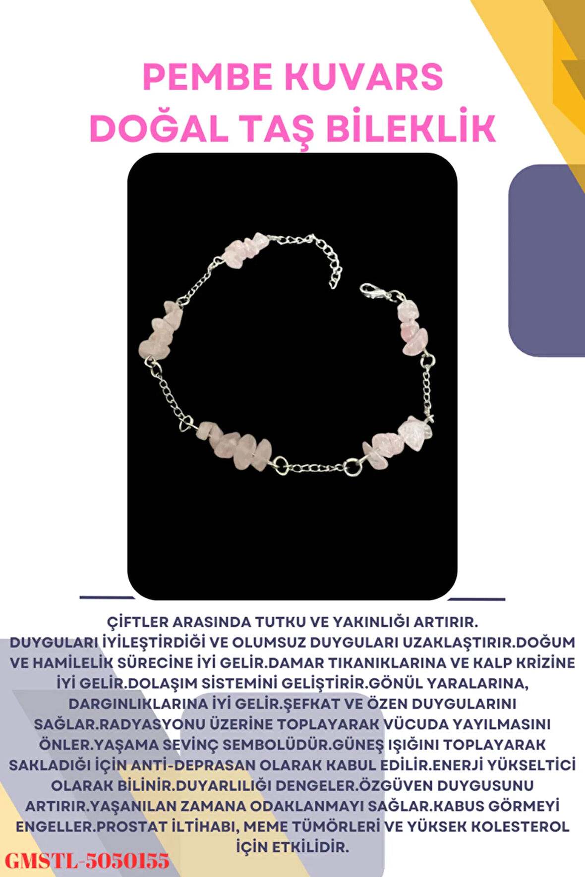 Sertifikalı Pembe Kuvars Doğal Taş El Yapımı Tasarım Bileklik