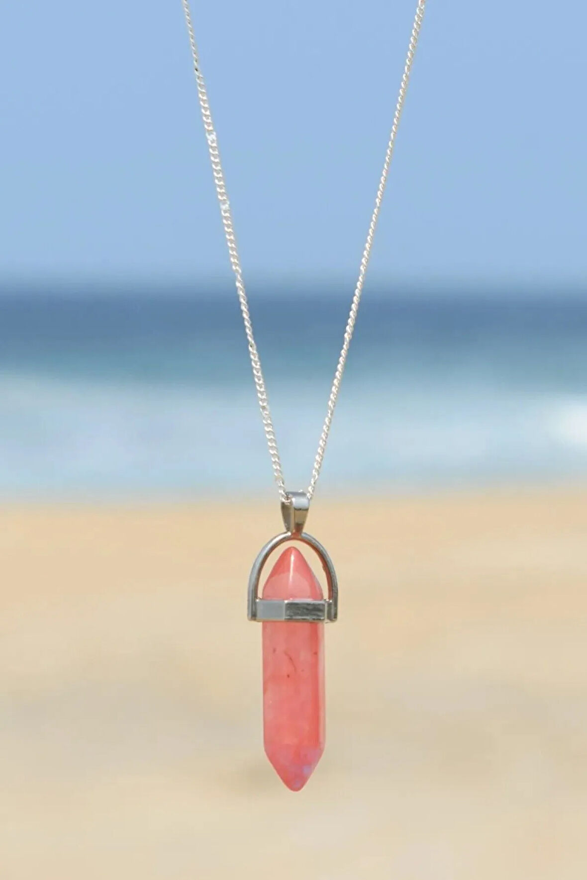 Sertifikalı Çilek Kuvars Doğal Taş Pandül Kolye Zincir Dahil