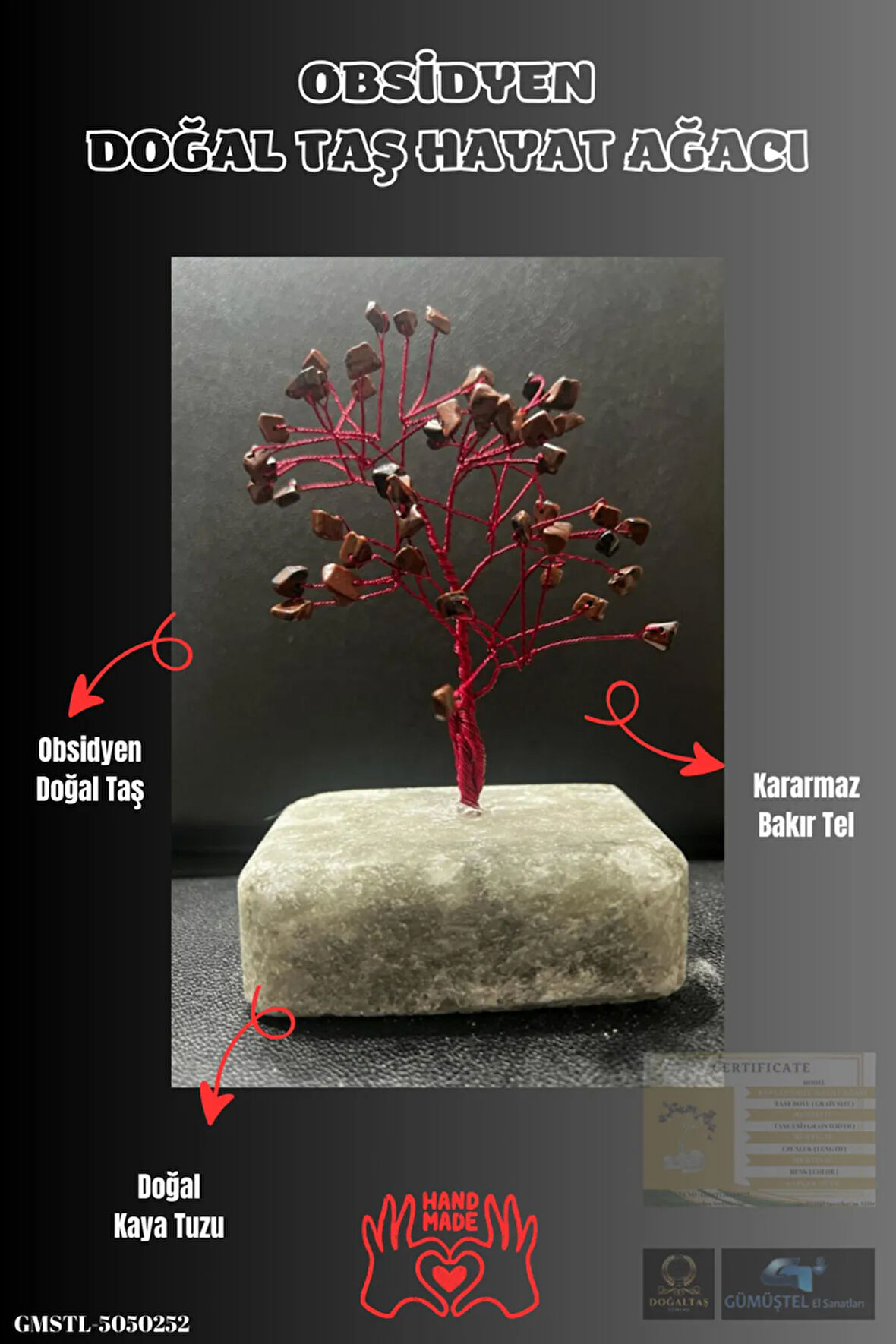 Sertifikalı Obsidyen Orijinal Doğal Taş Hayat Ağacı Biblo El Yapımı Sürpriz