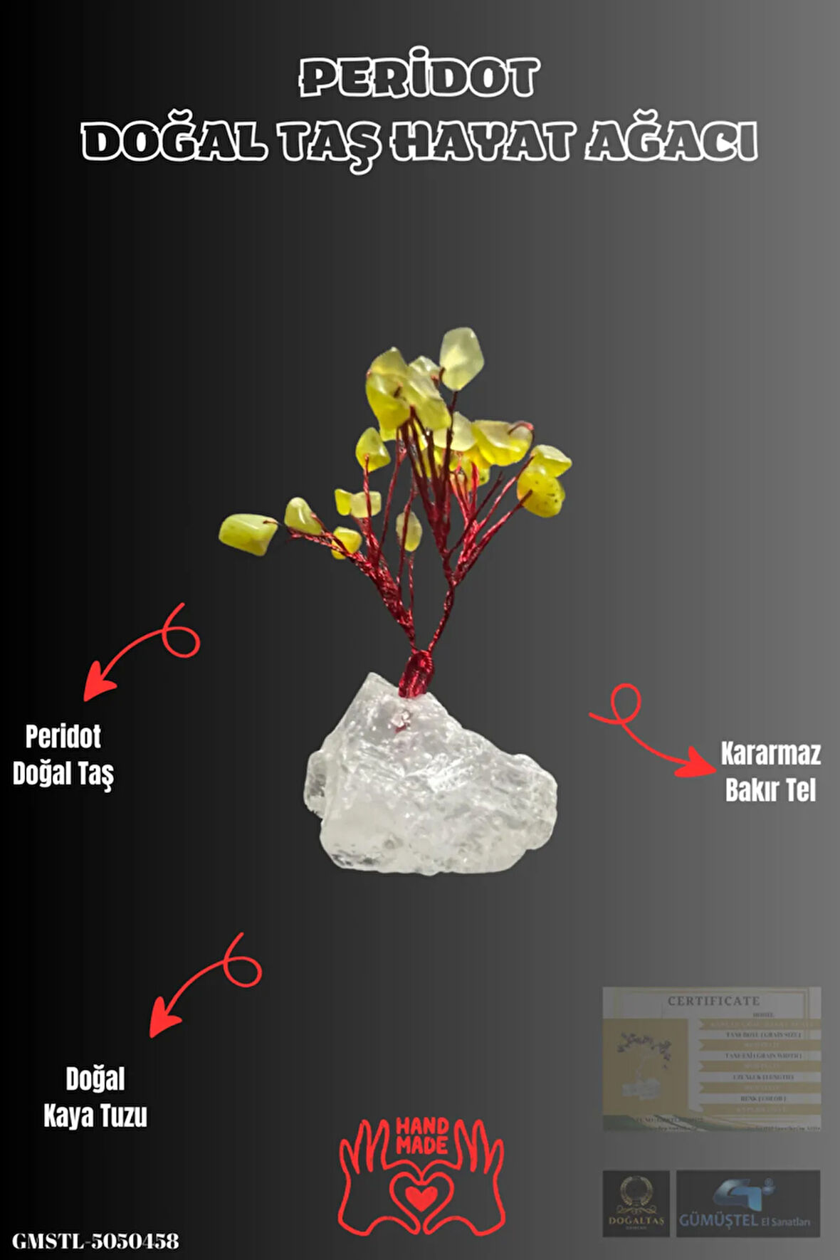 Sertifikalı Doğal Taş Peridot Taşı Dekoratif El Yapımı Ağaç