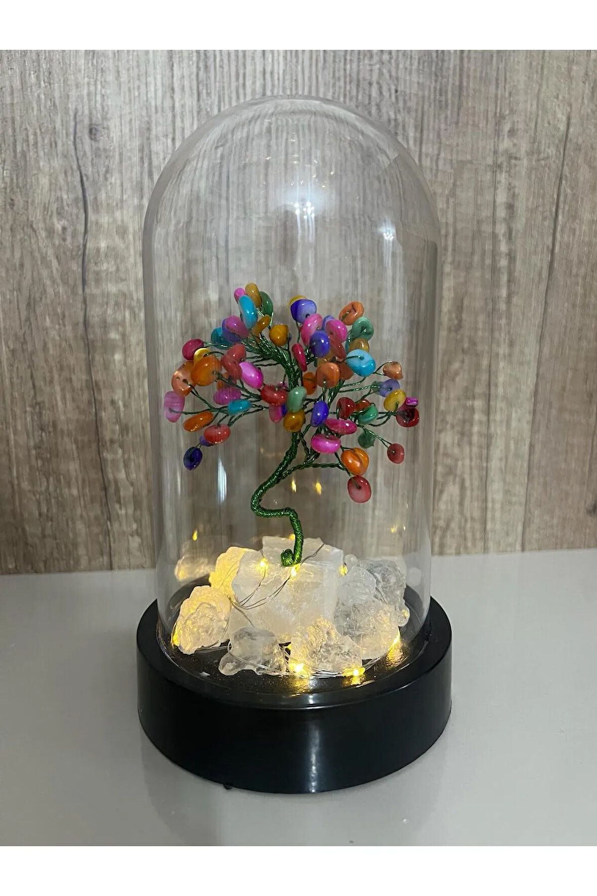 Sertifikalı Doğal Taş Sedef Tasarımlı Bakır Tel Sarma Işıklı Fanus Aksesuar 21x12 cm Büyük Boy