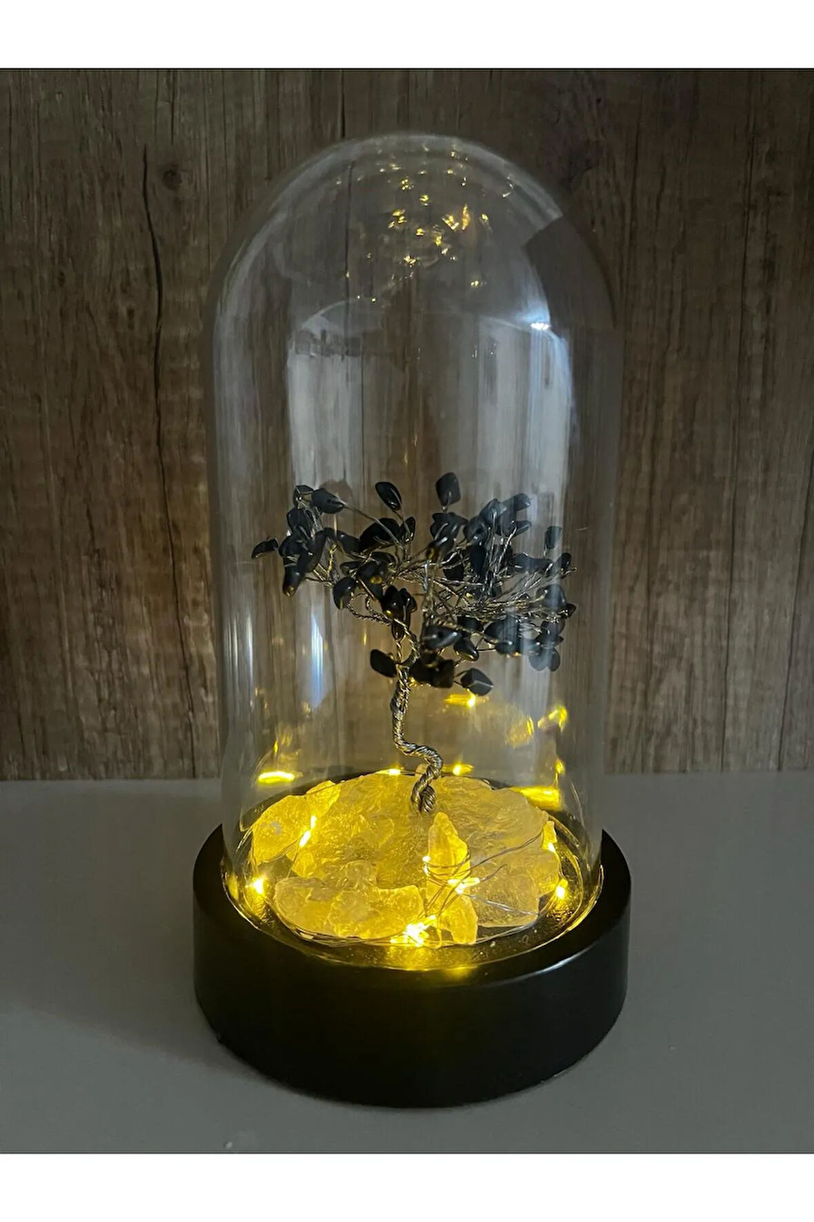 Sertifikalı Doğal Taş Hematit Tasarımlı Bakır Tel Sarma Işıklı Fanus Aksesuar 21x12 cm Büyük Boy