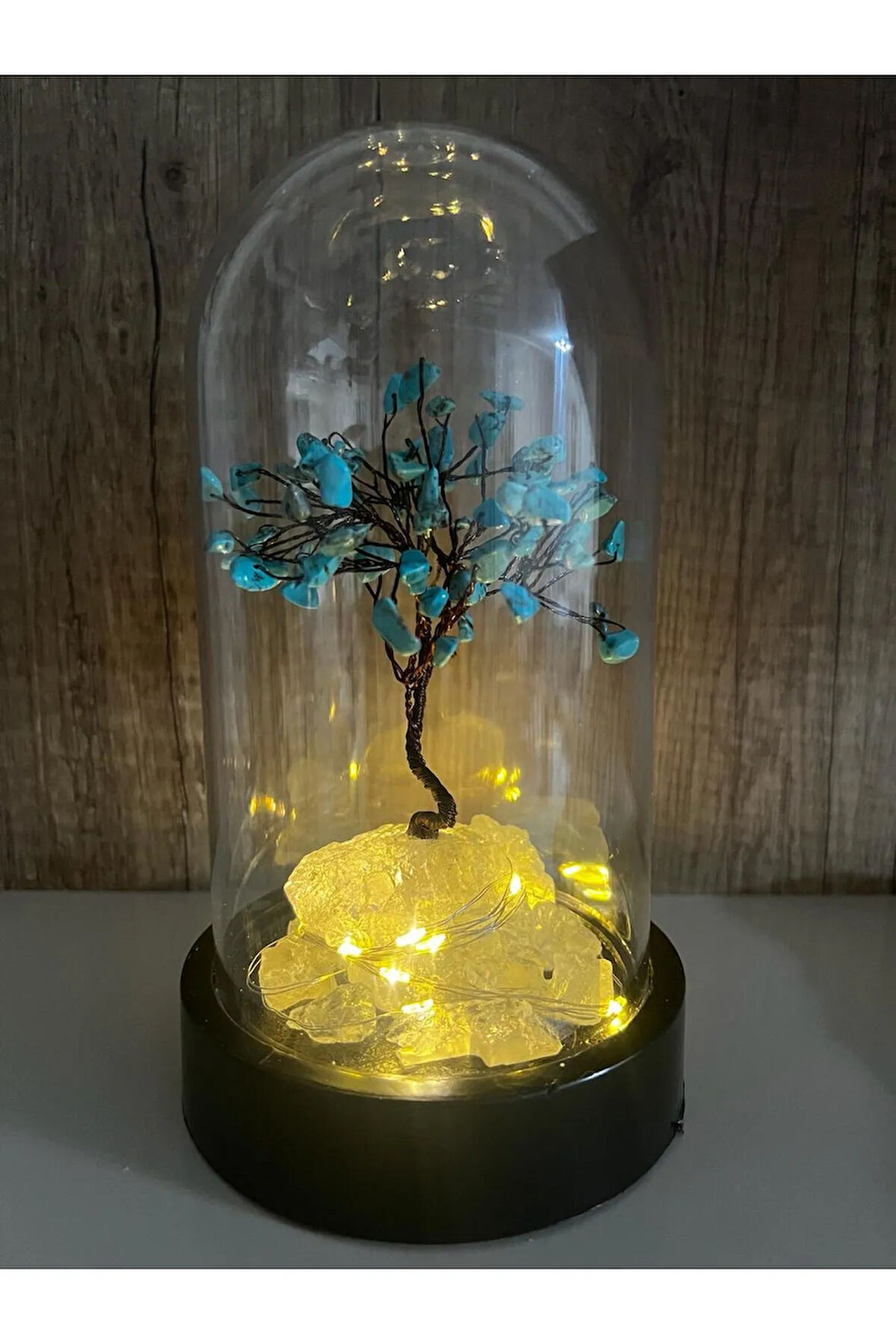 Sertifikalı Doğal Taş Turkuaz Tasarımlı Bakır Tel Sarma Işıklı Fanus Aksesuar 21x12 cm Büyük Boy
