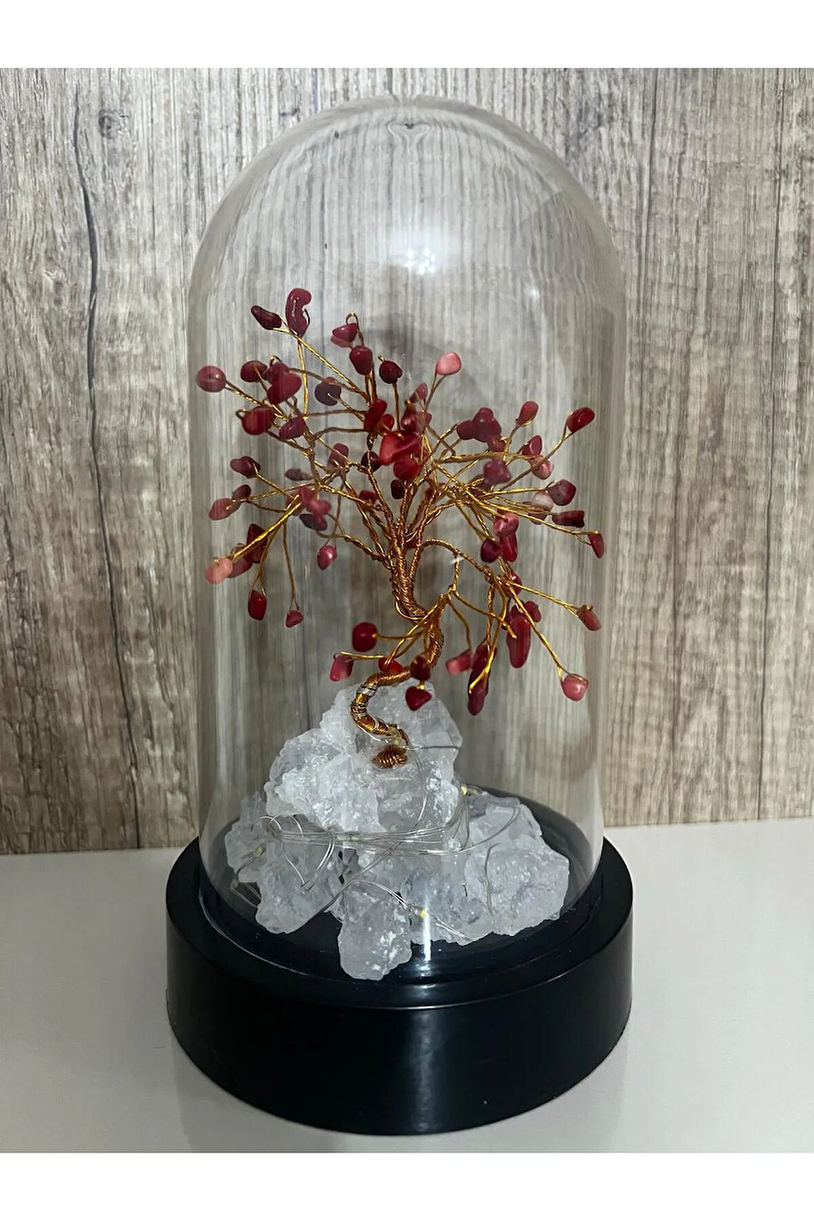 Sertifikalı Doğal Taş Mercan Tasarımlı Bakır Tel Sarma Işıklı Fanus Aksesuar 21x12 cm Büyük Boy