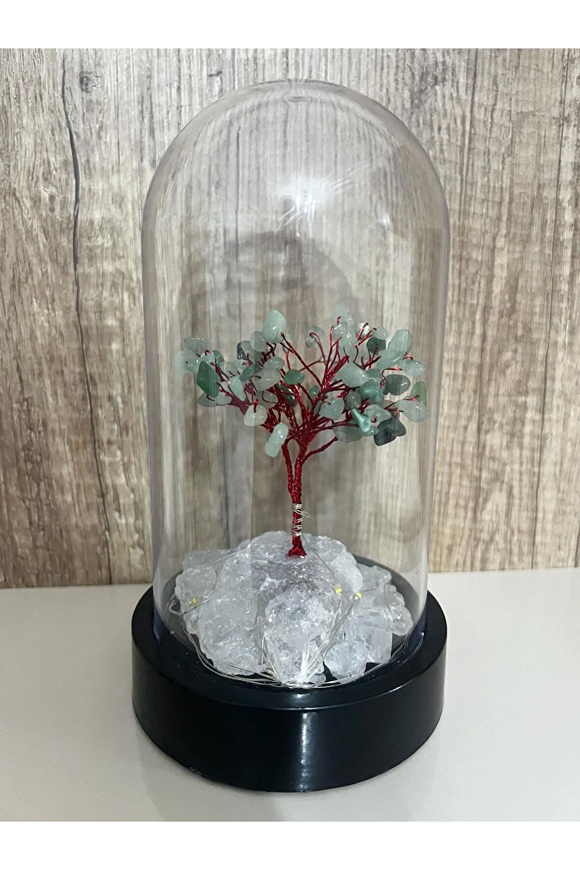 Sertifikalı Doğal Taş Aventurin Tasarımlı Bakır Tel Sarma Işıklı Fanus Aksesuar 21x12 cm Büyük Boy
