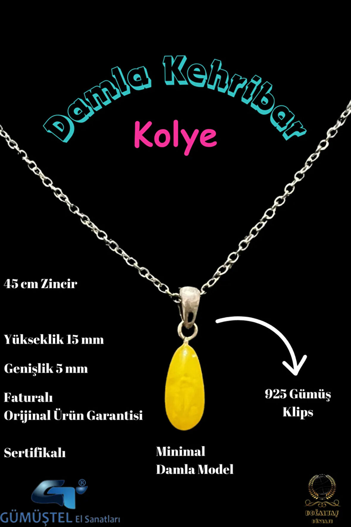 Sertifikalı Orijinal Damla Kehribar Minimal Kolye AAA Kalite Sürpriz Hediyeli 15mmx5mm