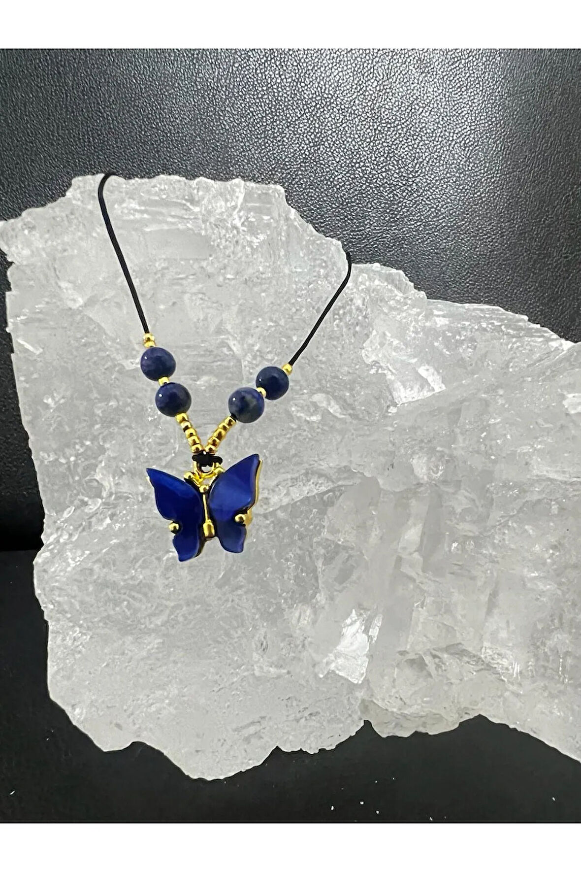Sertifikalı Orijinal Lapis Lazuli & Sedef Doğal Taş Kolye Kelebek Detaylı Asansörlü Kilit Sistemi