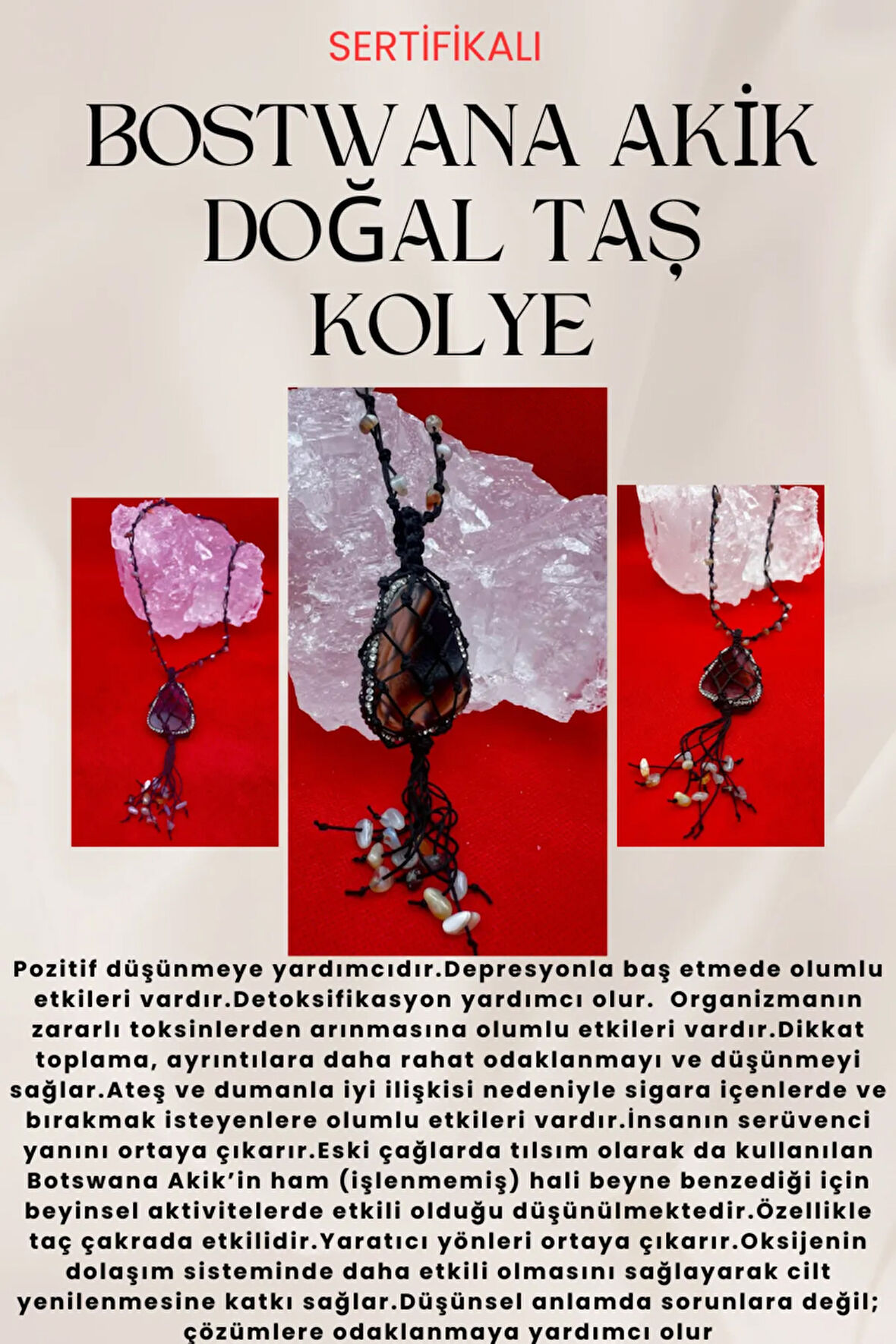 Sertifikalı Bostwana Akik Doğal Taş Kolye El Yapımı Handmade