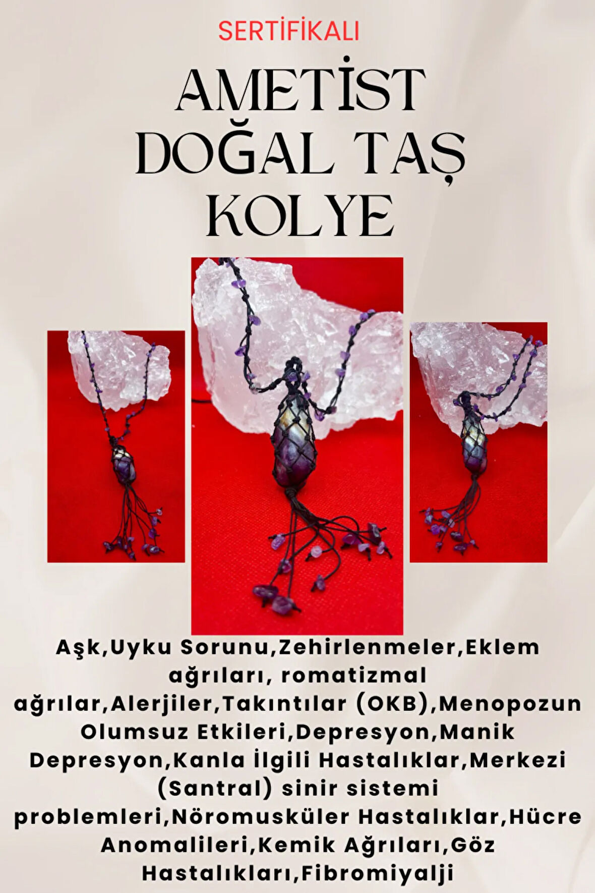 Sertifikalı Ametist Doğal Taş Kolye El Yapımı Handmade Aaa Kalite