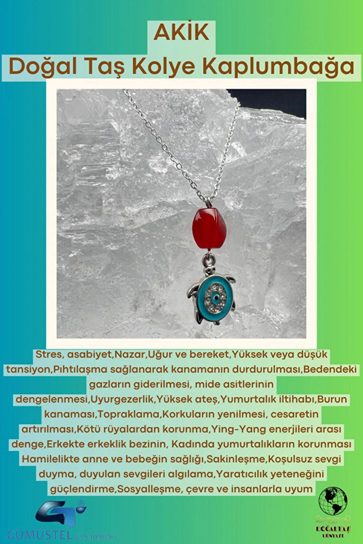 Sertifikalı Akik Doğal Taş Tasarım Kolye El Yapımı Turkuaz Kaplumbağa Obje Detaylı