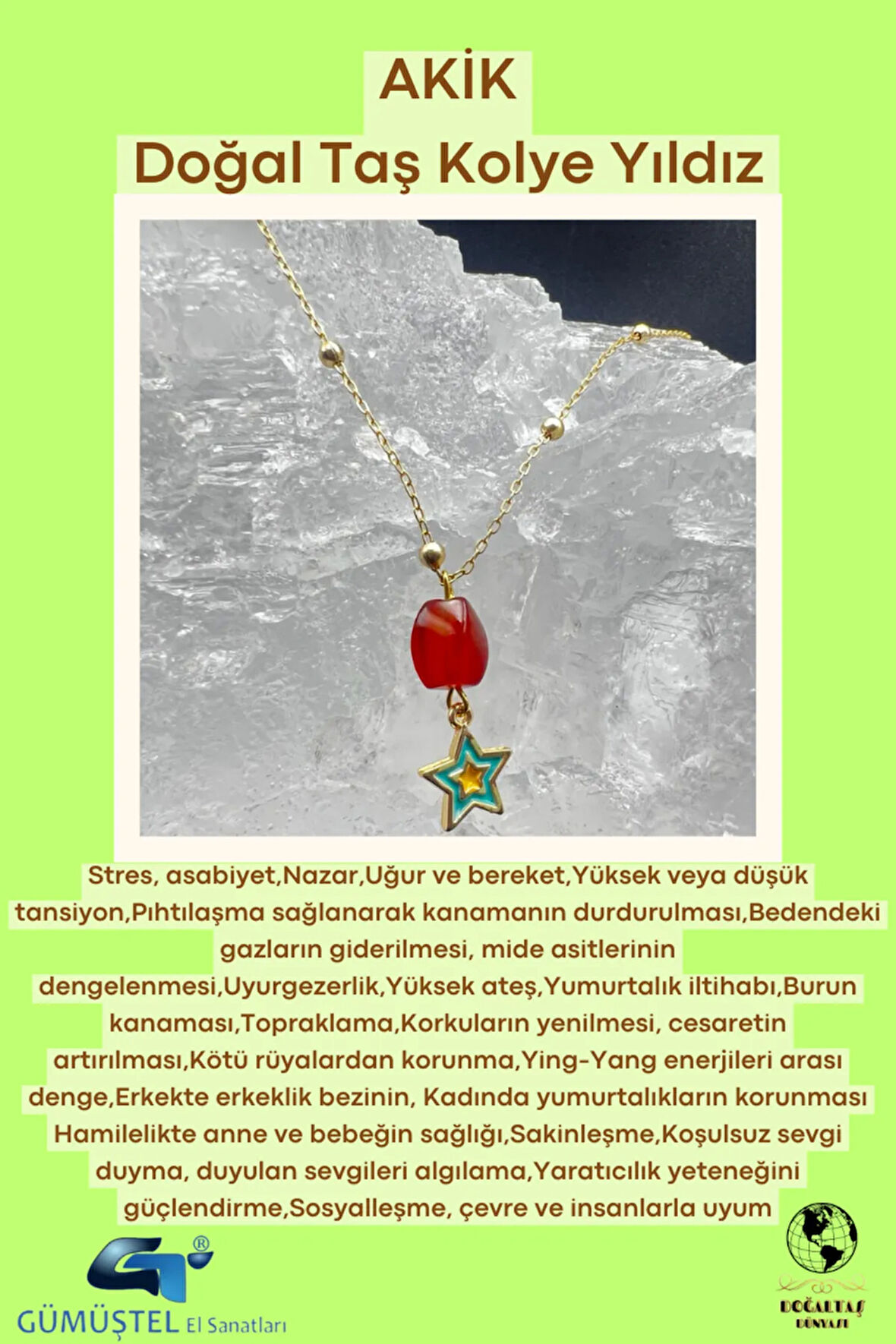 Sertifikalı Akik Doğal Taş Tasarım Kolye El Yapımı Turkuaz Yıldız Obje Detaylı