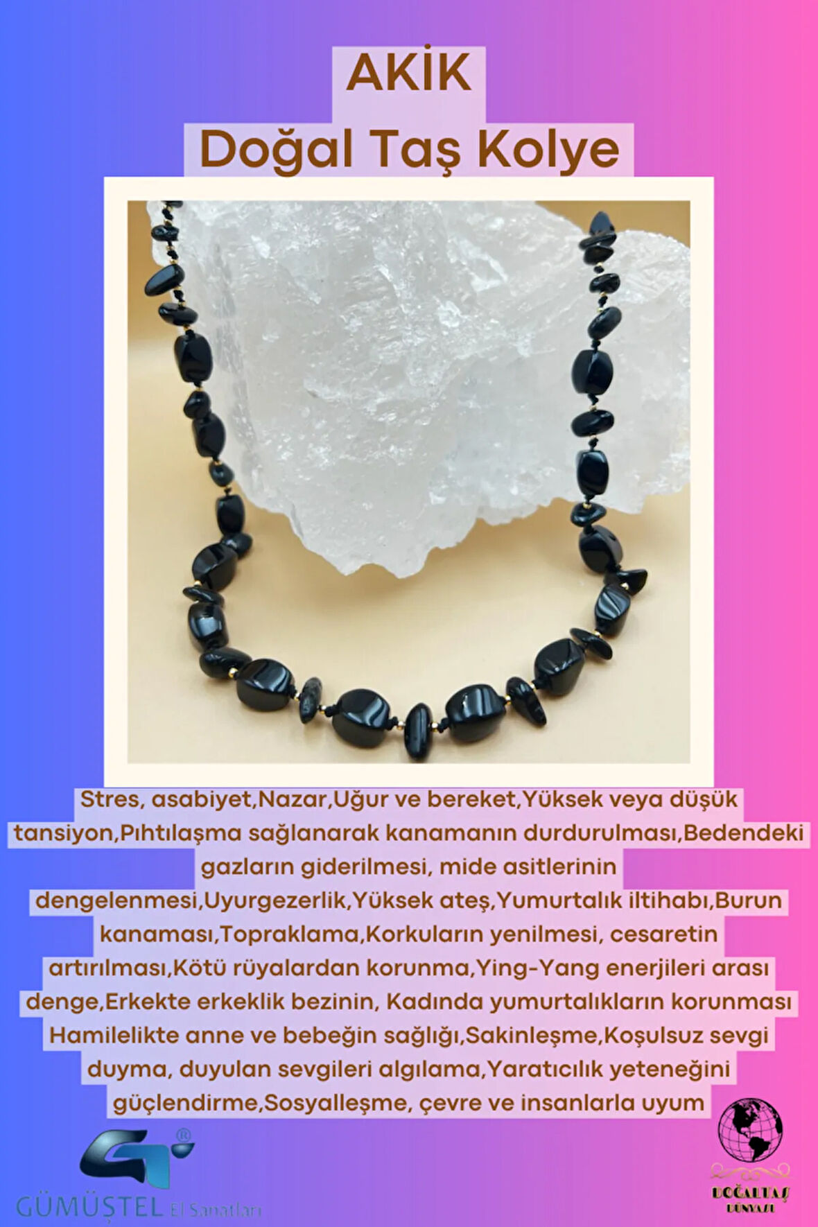 Sertifikalı Akik Doğal Taş Tasarım Kolye