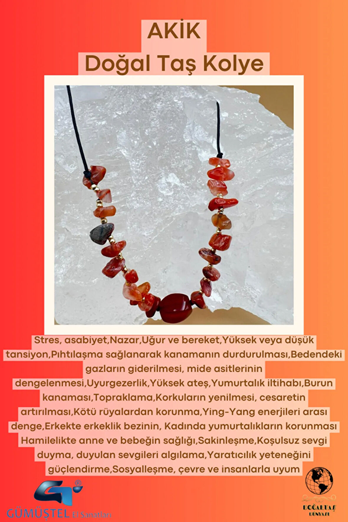 Sertifikalı Akik Doğal Taş Tasarım Kolye